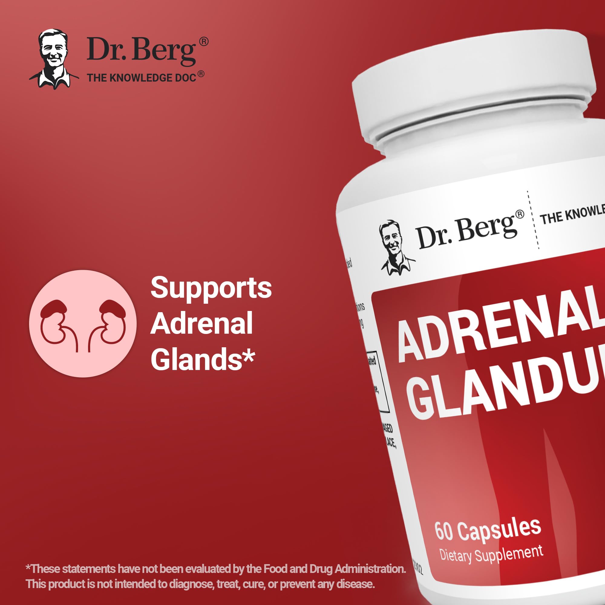 Dr. Berg Adrenal Glandular : capsules visibles, soutien énergétique quotidien possible.