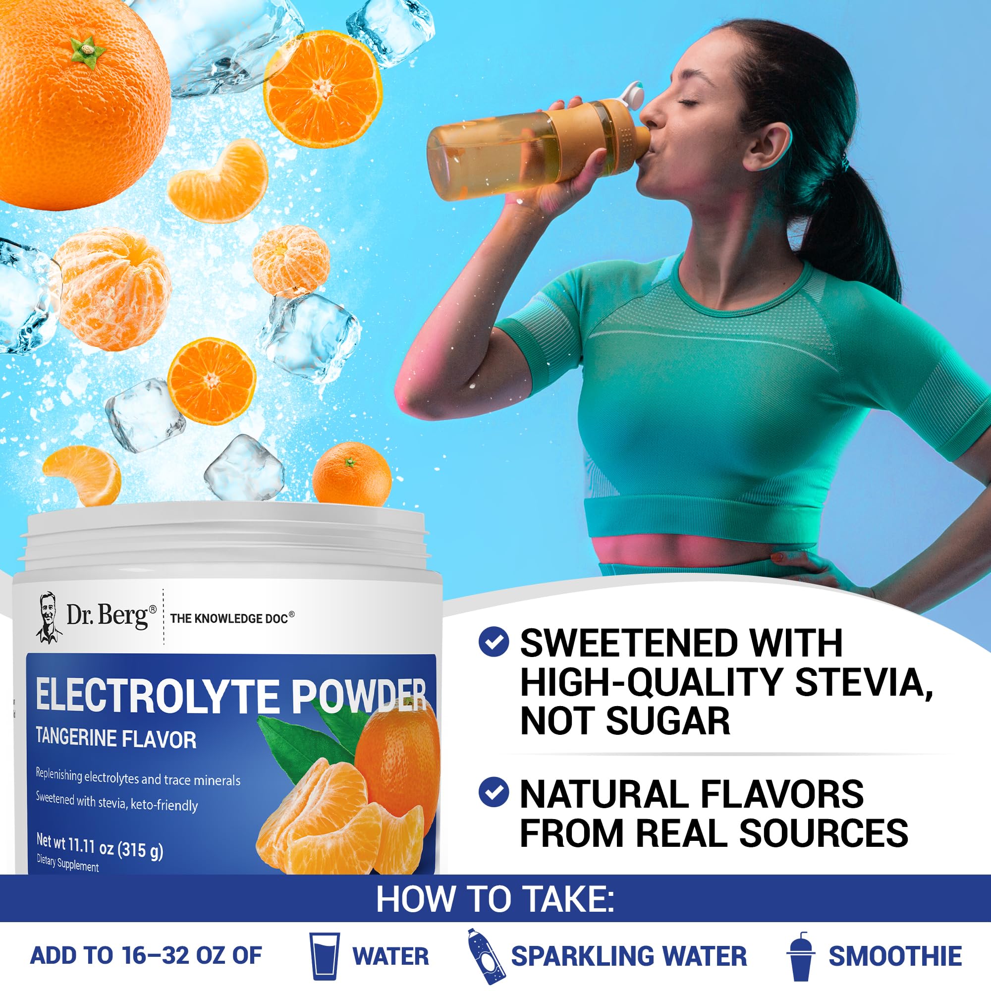 Dr. Berg Nutritionals Goût mandarine, boisson savoureuse sans sucre ajouté.