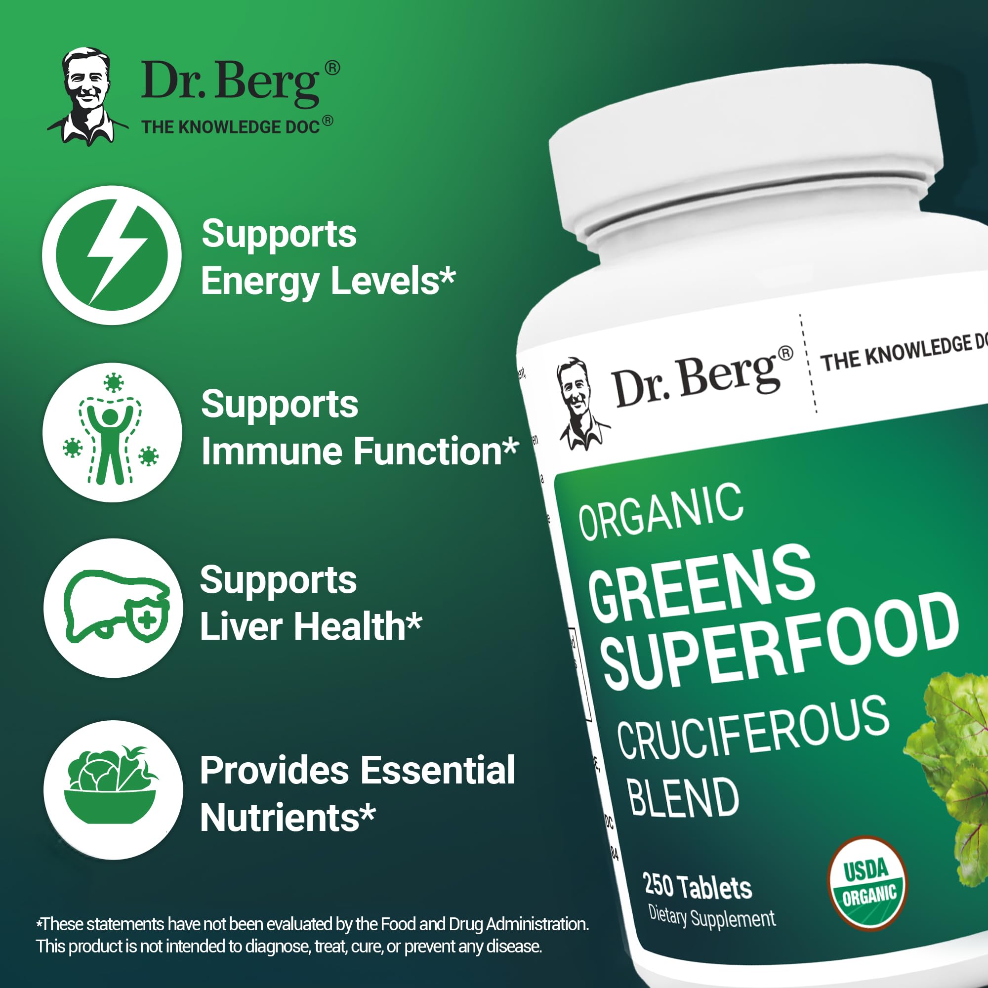Étiquette du produit Dr. Berg Greens indiquant ingrédients et certification GMP.