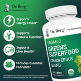 Étiquette du produit Dr. Berg Greens indiquant ingrédients et certification GMP.