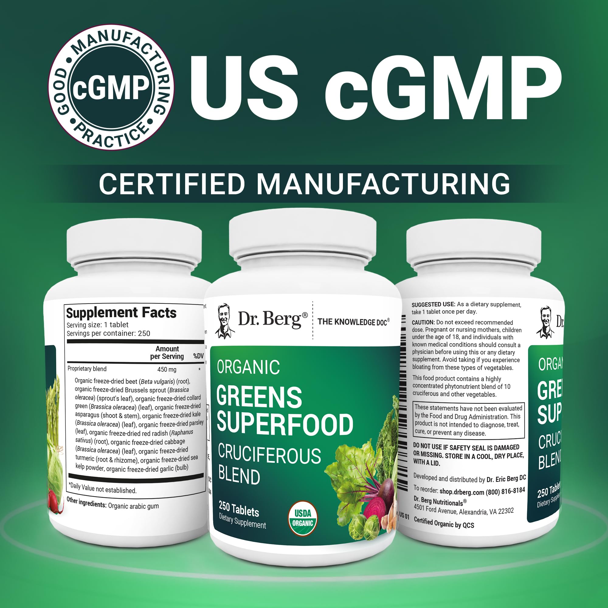 Dr. Berg Greens fabrication GMP américaine garantissant la qualité et la traçabilité.