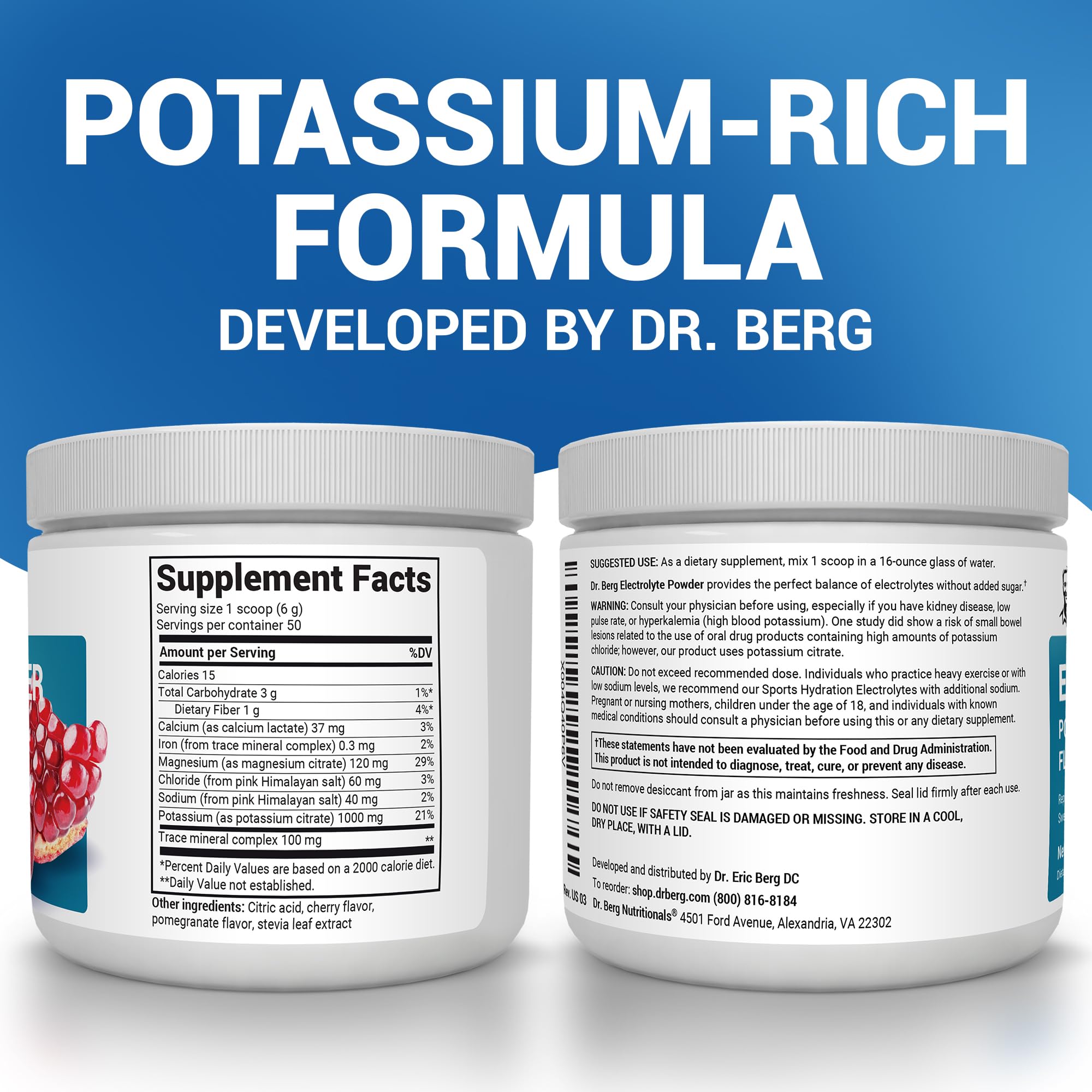 Dr. Berg potassium 1000 mg, poudre, soutient l'hydratation pendant l'effort.
