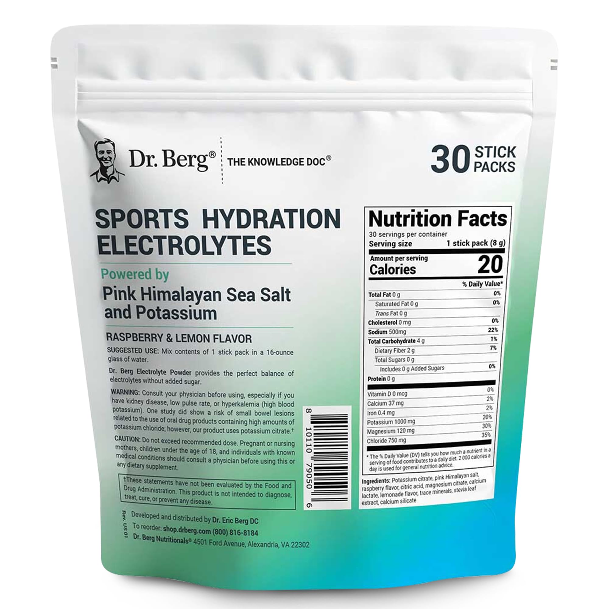 Sachet potassium 1000 mg Dr. Berg, réapprovisionne les électrolytes.