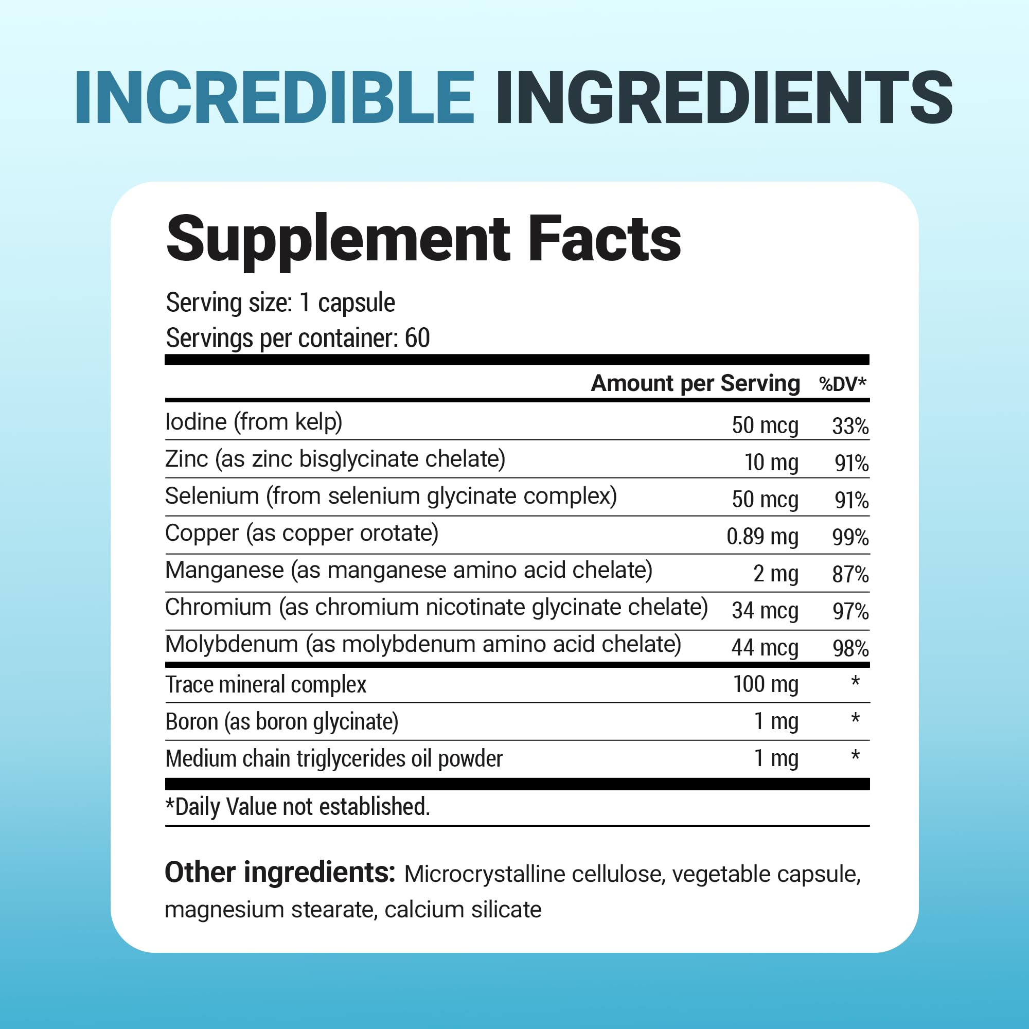Zinc, cuivre et iode inclus dans Dr. Berg Trace Minerals Enhanced Complexe, soutien quotidien.