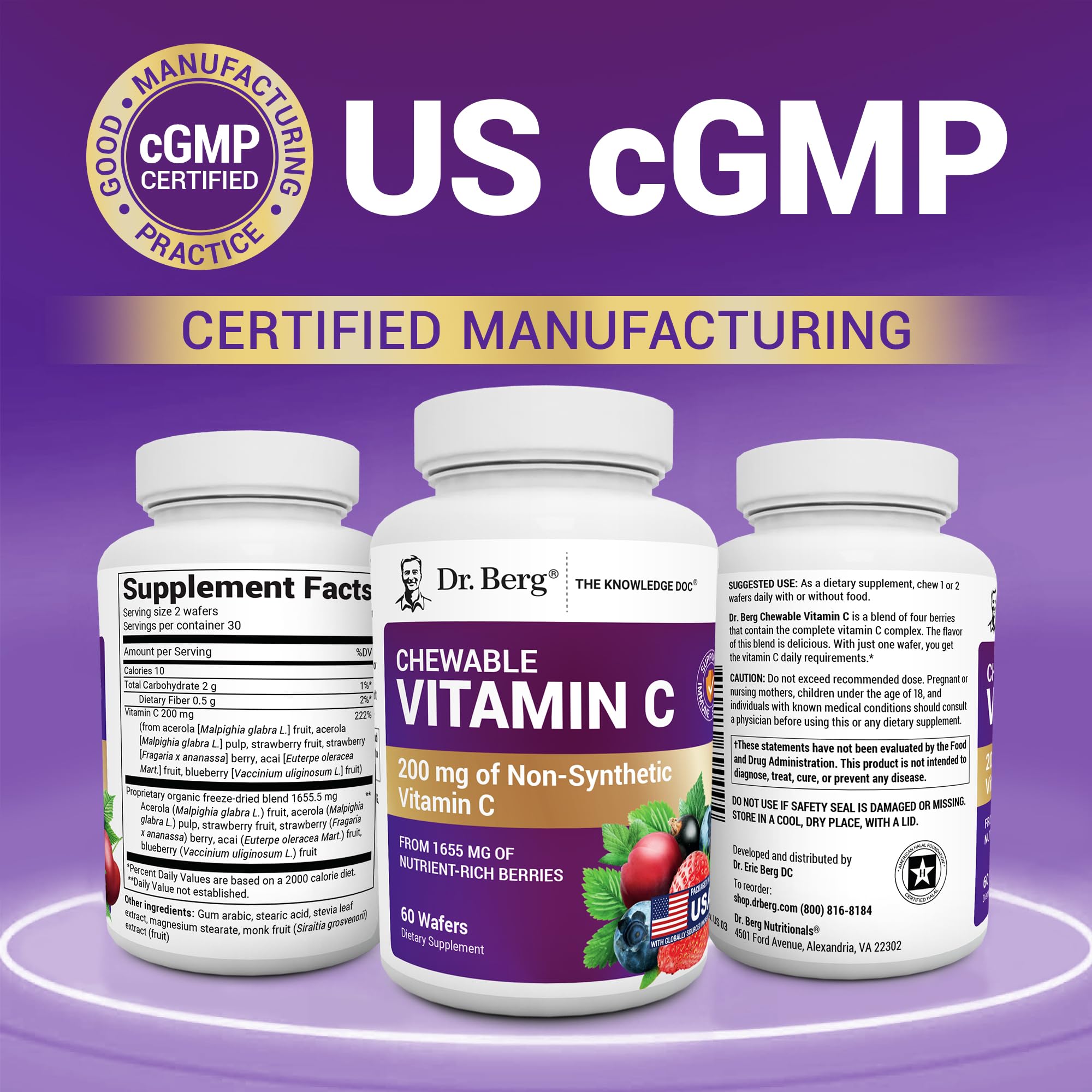 Logo vegan sur l'emballage Dr. Berg Vitamin C Complexe.