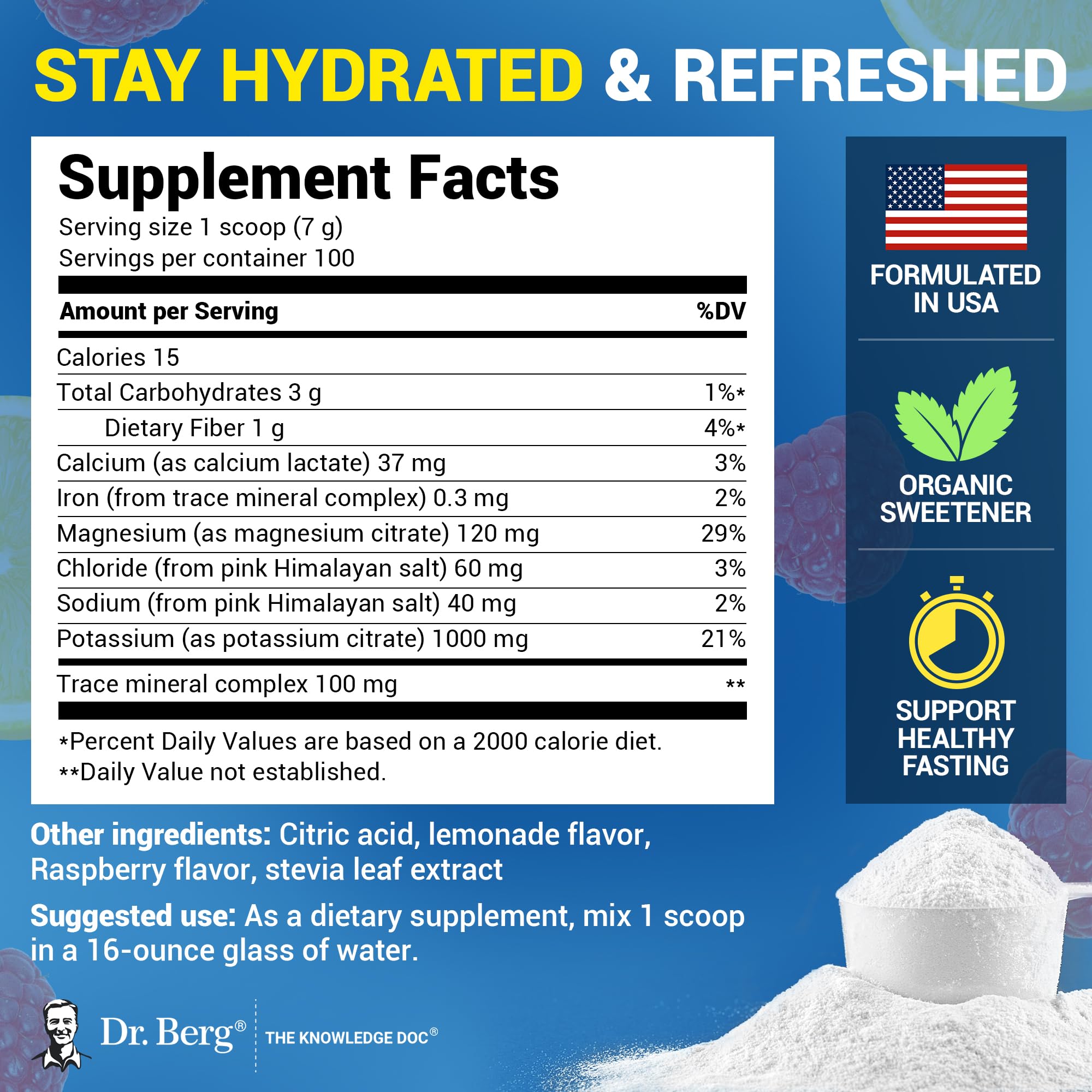 Cuillère-mesure Dr. Berg Zero Sugar Hydration pour dosage précis par portion.