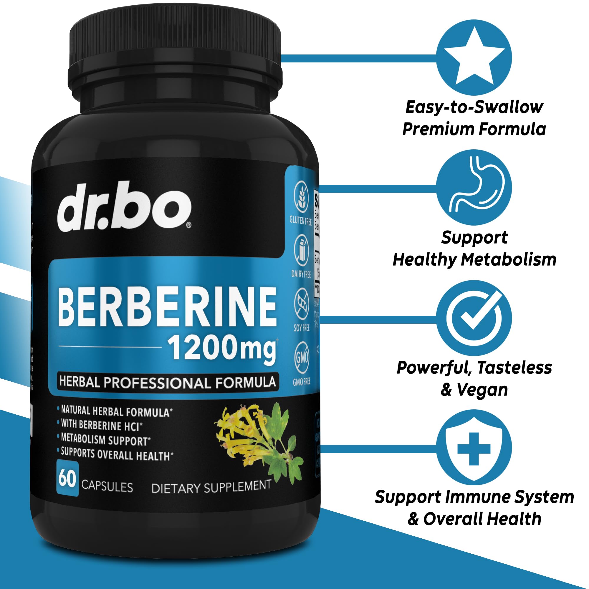 Étiquette et emballage DR. BO Berberine montrant les ingrédients et le dosage.