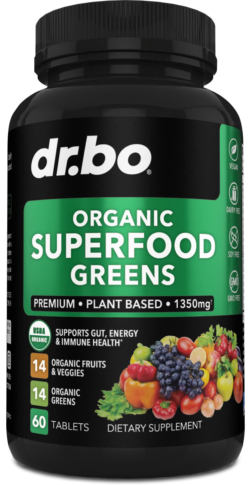 DR. BO Superaliments Bio, bouteille de comprimés, énergie au quotidien.