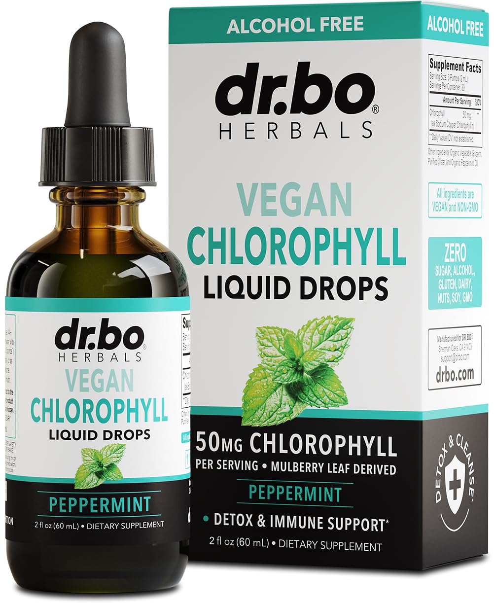 Bouteille DR. BO chlorophylle liquide menthe, pratique pour une détox quotidienne.