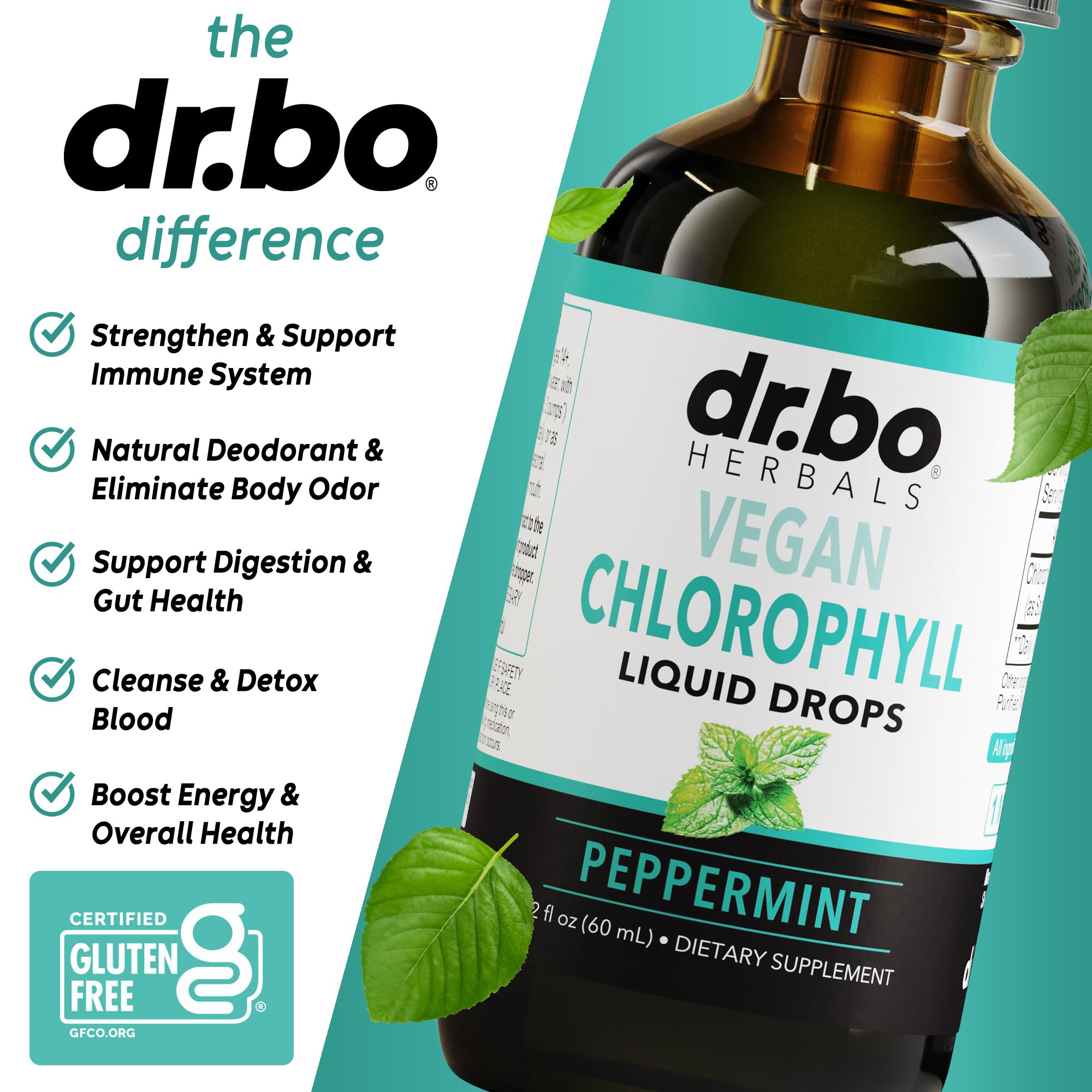 Gouttes DR. BO chlorophylle près du flacon, facile à diluer.