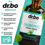 Gouttes DR. BO chlorophylle près du flacon, facile à diluer.