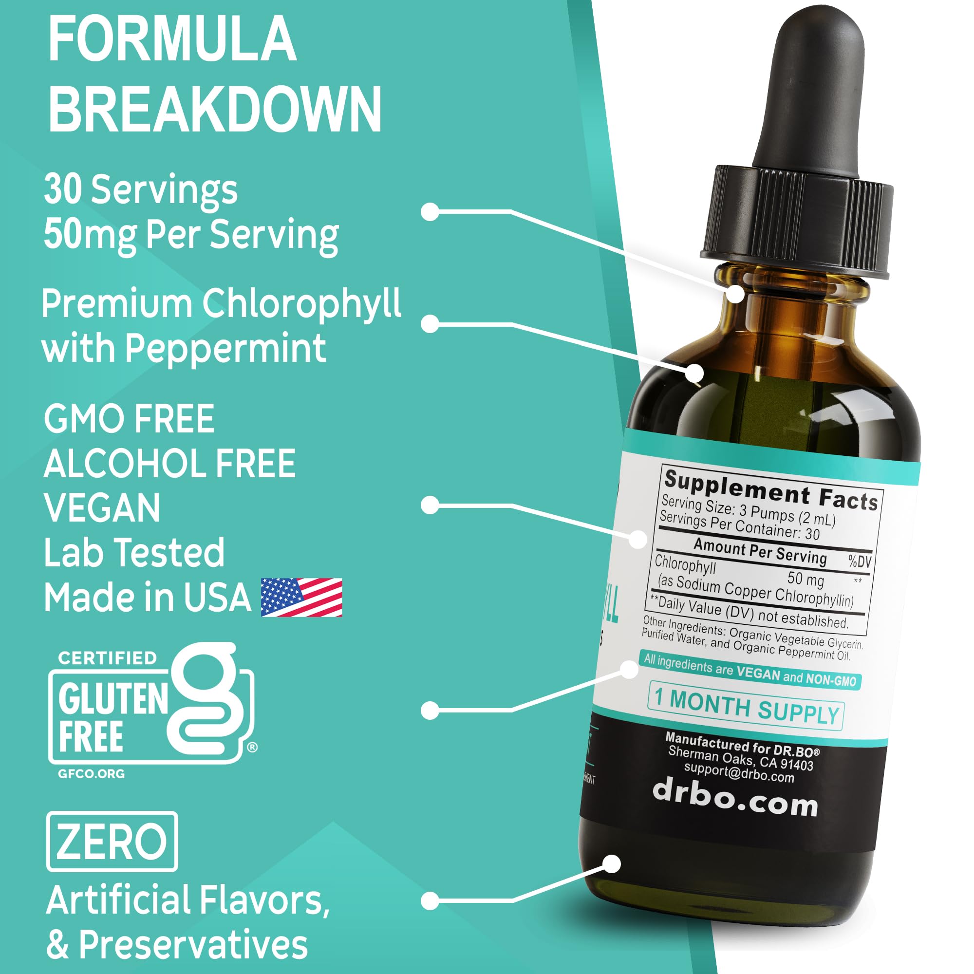 Mention vegan DR. BO chlorophylle, sans produits animaux.
