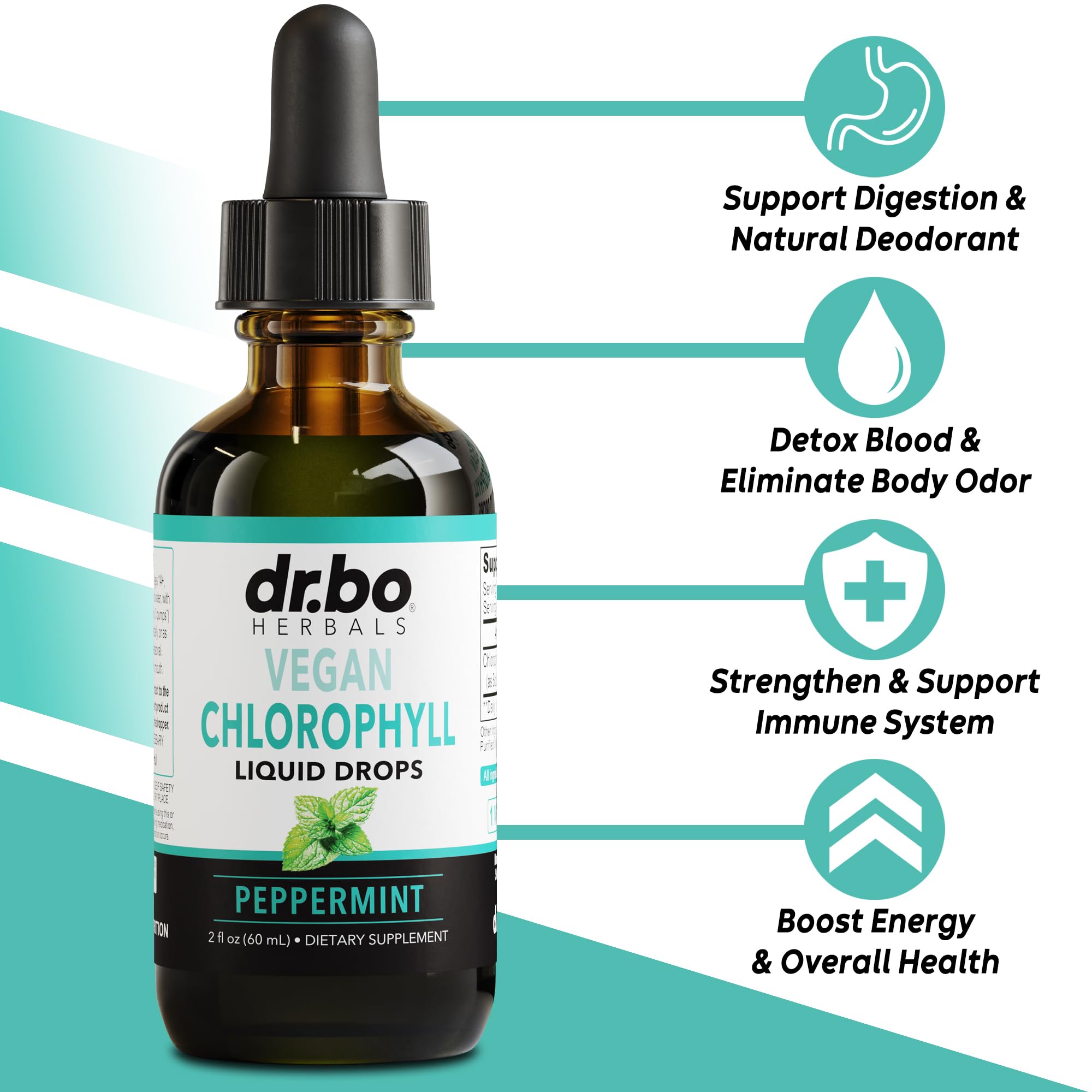Gouttes DR. BO chlorophylle dans un verre d’eau, énergie légère.
