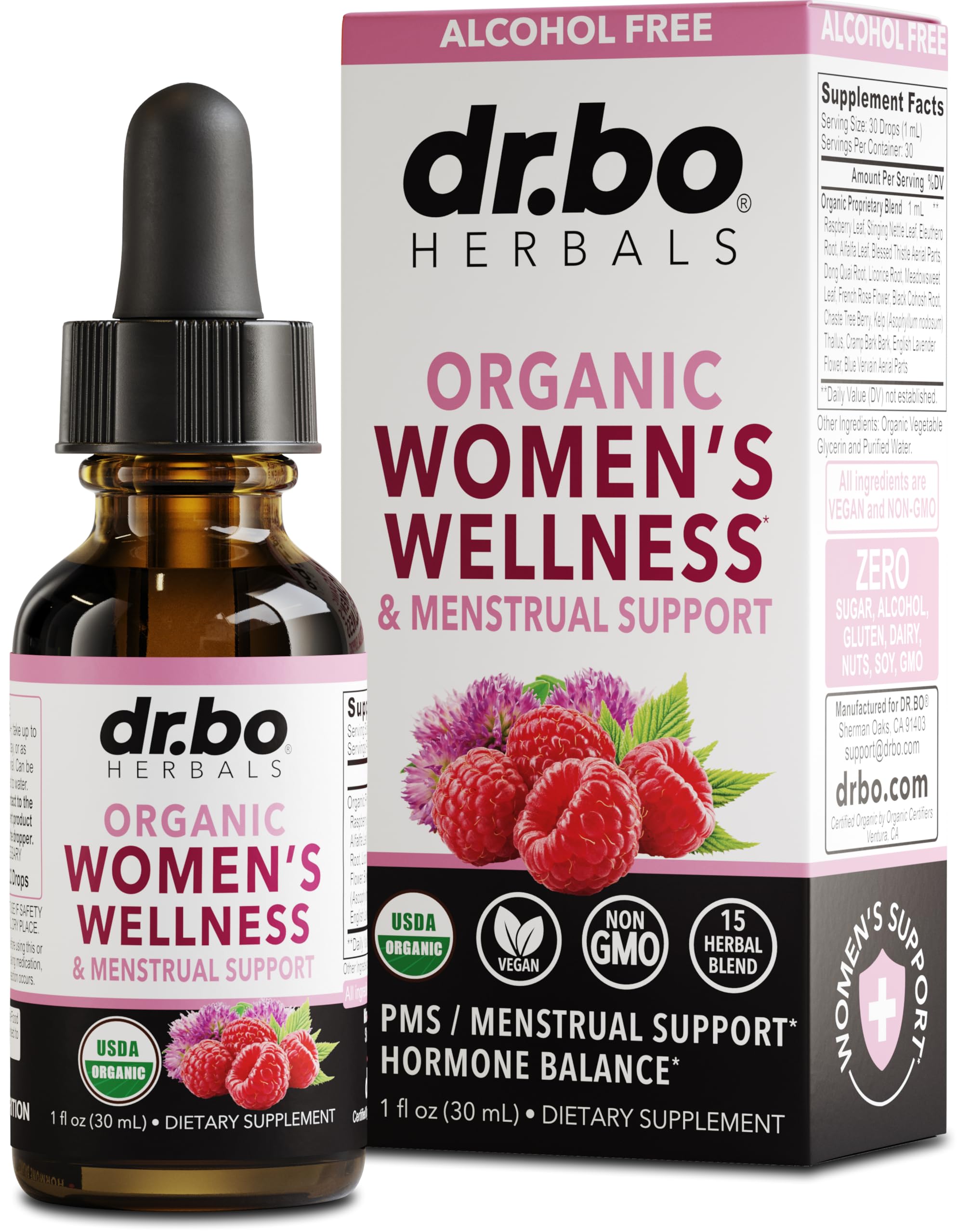 DR. BO équilibre hormonal, gouttes framboisier, soutien potentiel du cycle féminin.