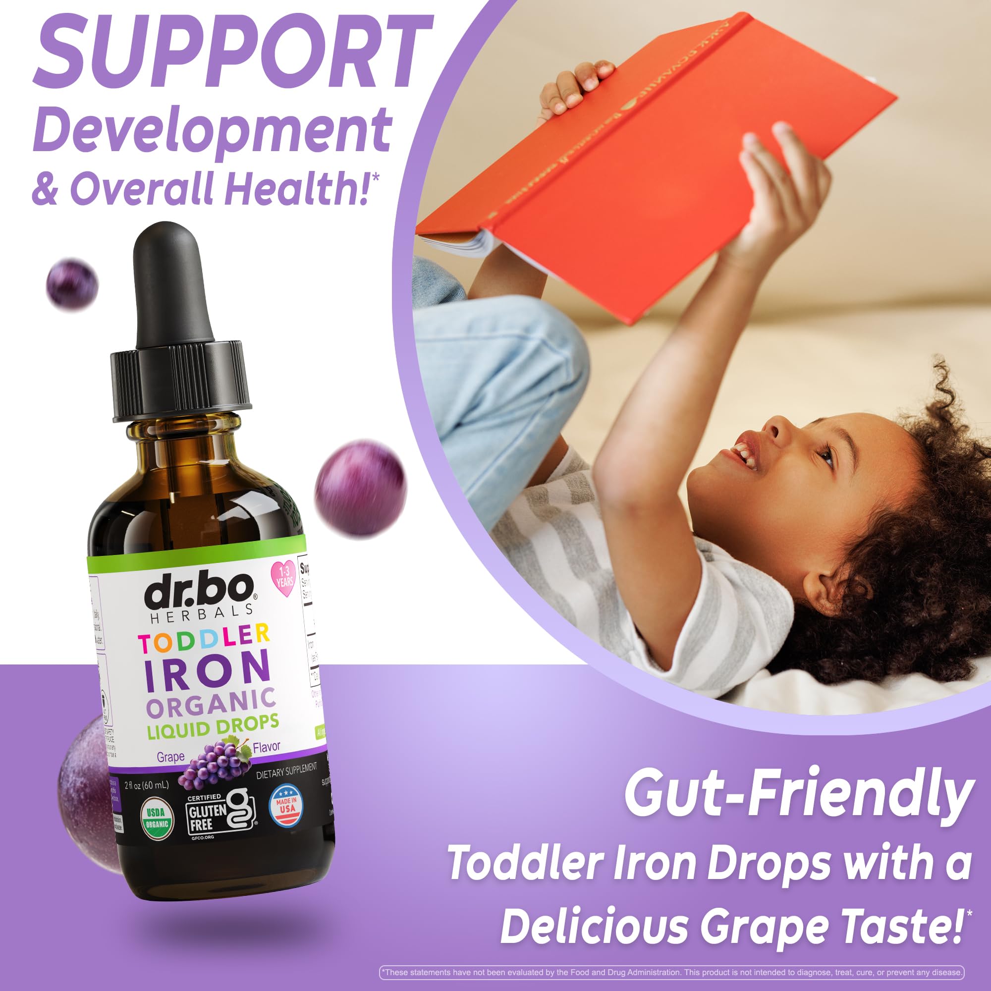 Présentation du fer liquide DR. BO pour enfants au goût raisin