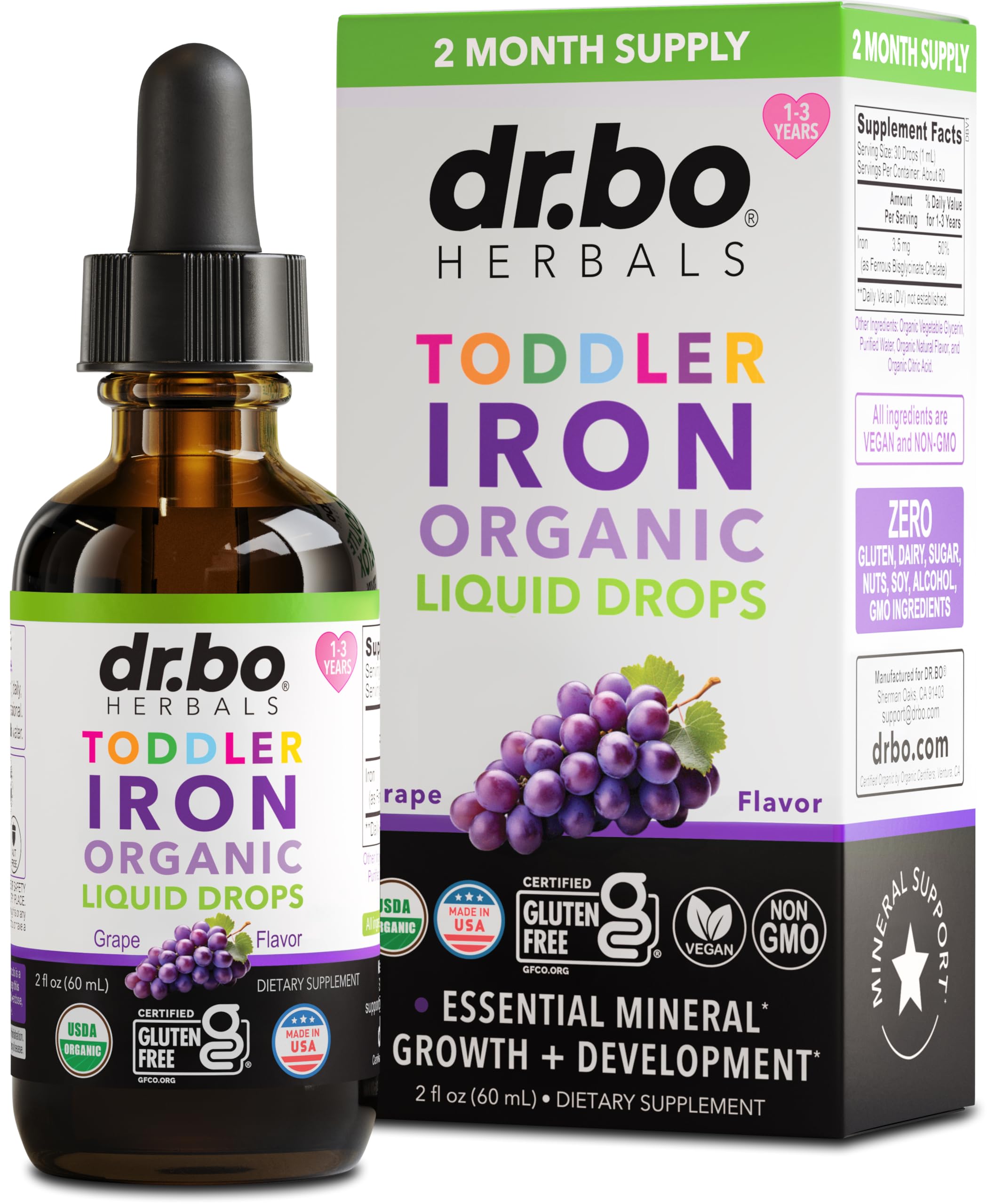 Gouttes DR. BO de fer pour enfants au raisin dans une bouteille claire