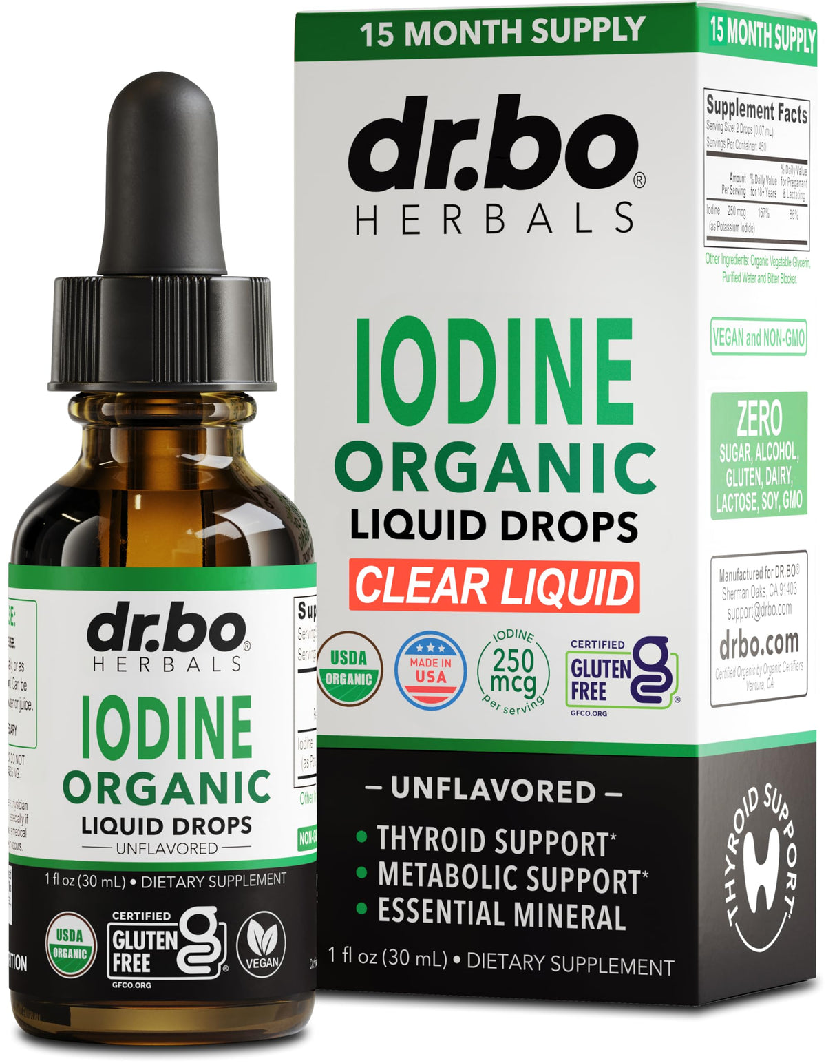 Gouttes DR. BO iode liquide clair en flacon conviennent à une utilisation quotidienne.
