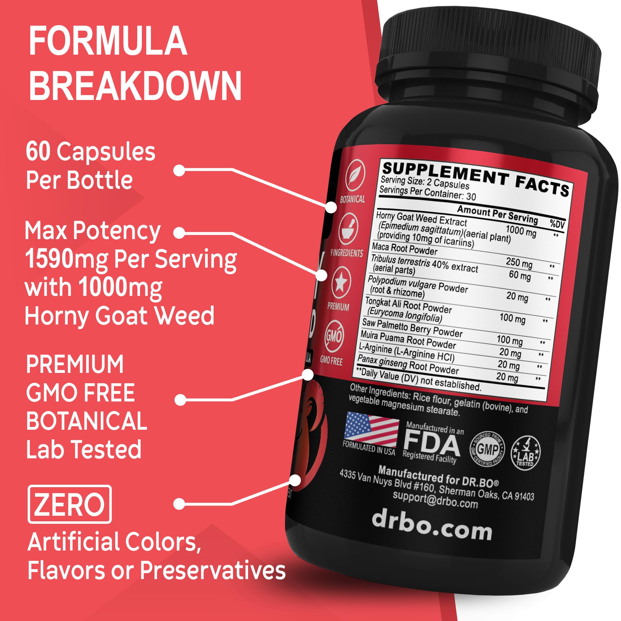 DR. BO Horny Goat Weed – dosage suggéré sur l'emballage.