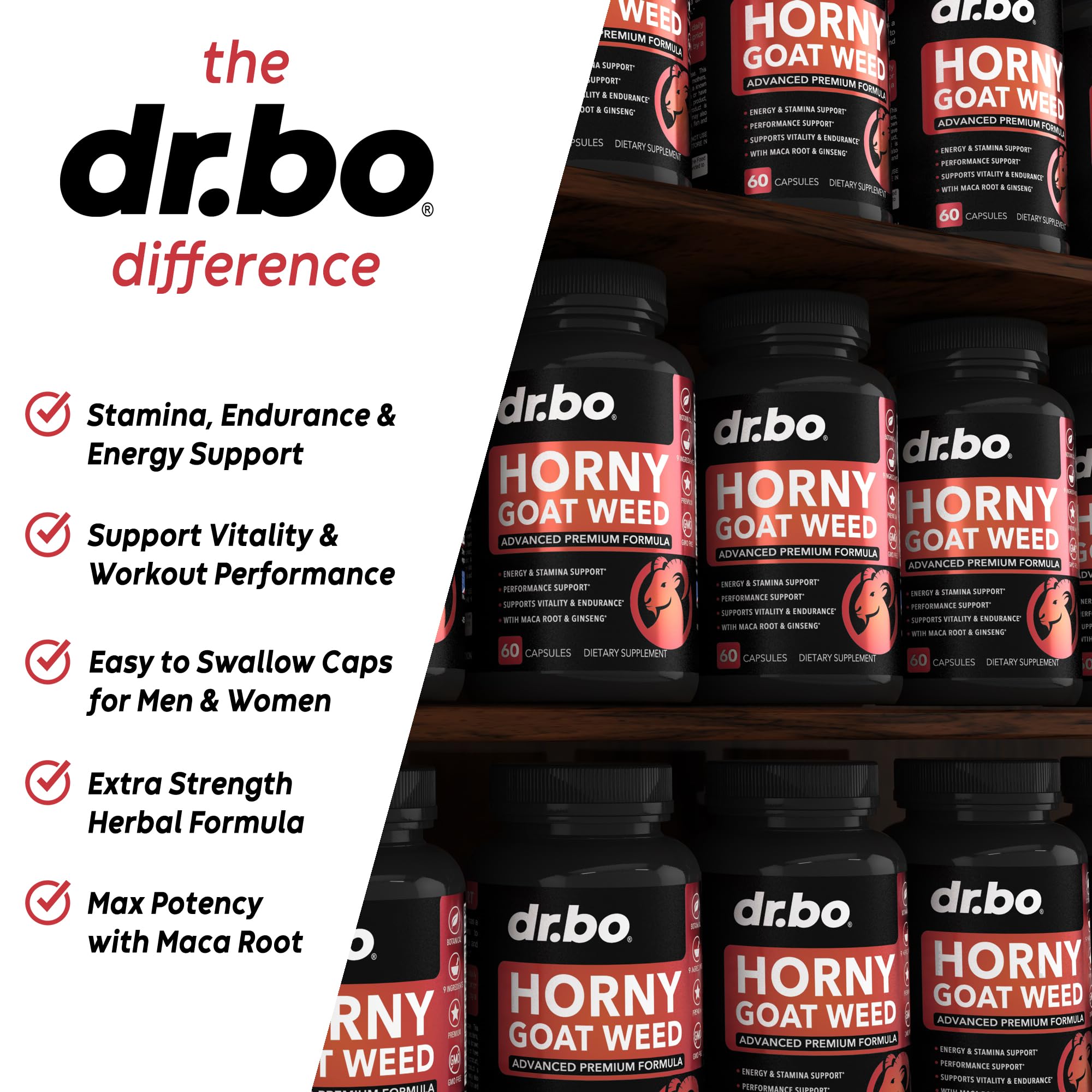 DR. BO Horny Goat Weed – ingrédients détaillés incluant maca et tribulus pour le soutien.