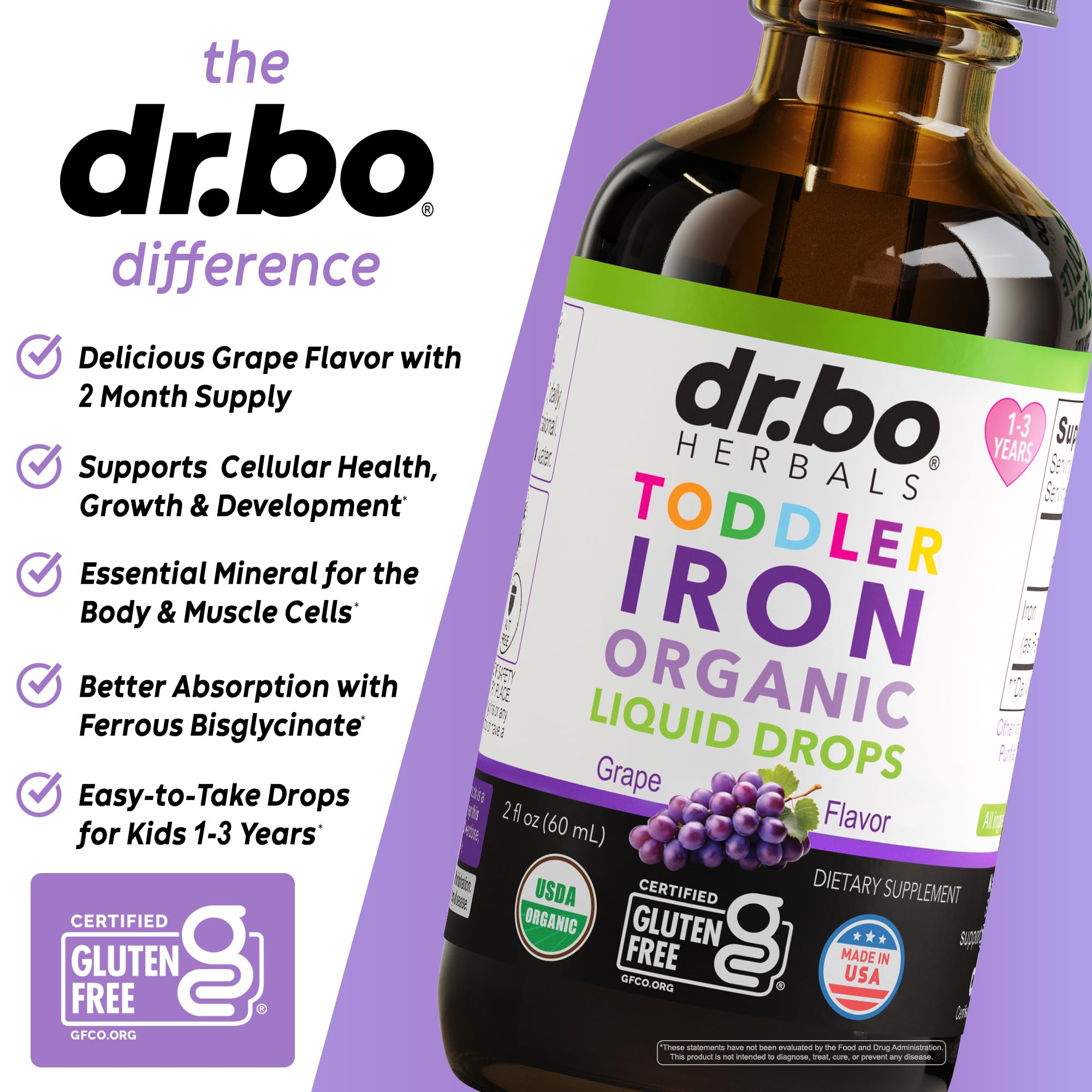 Étiquette biologique vegan DR. BO fer pour enfants sans gluten ni OGM