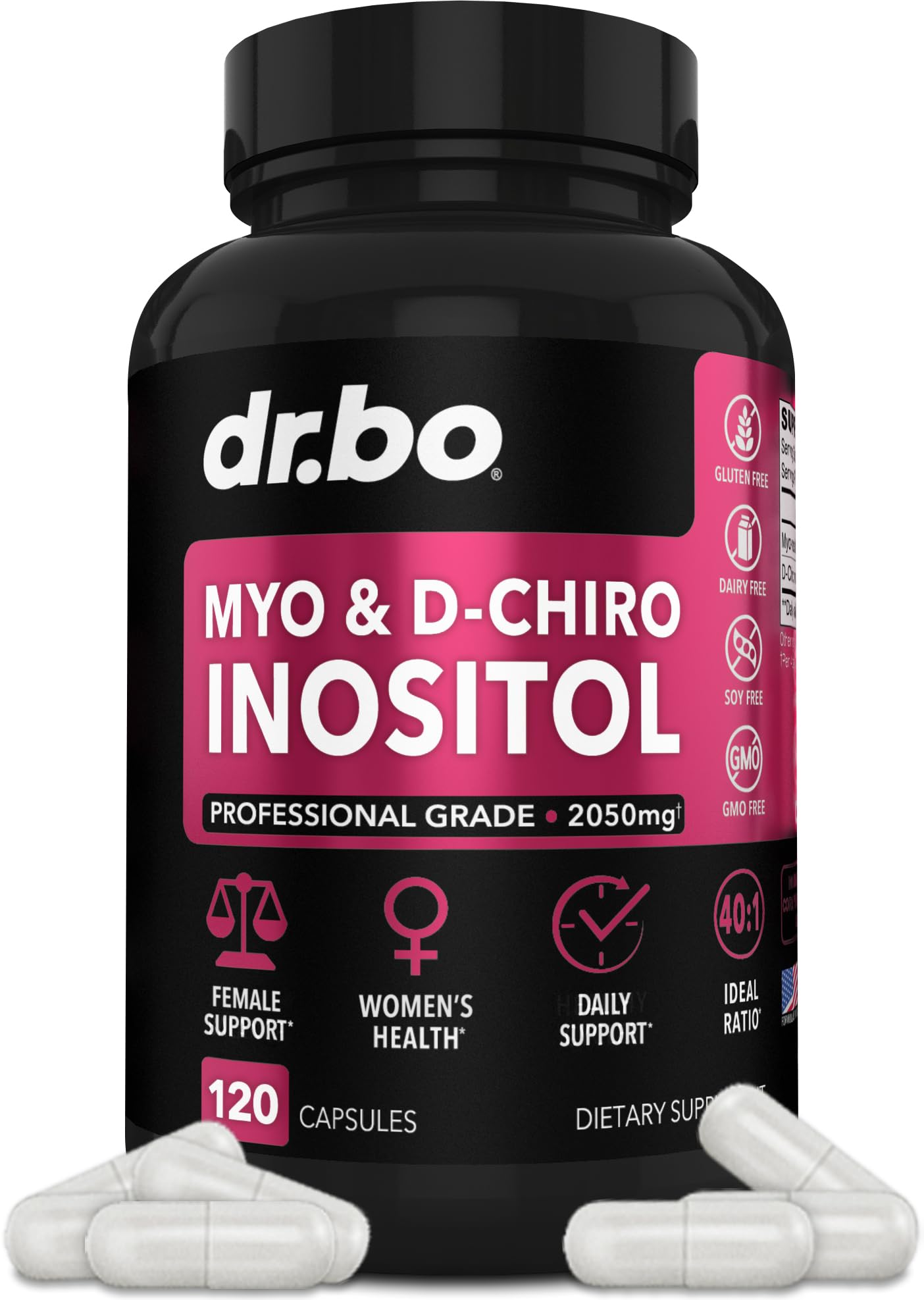 DR. BO Myo-Inositol et D-Chiro Inositol – bouteille caplets, soutien potentiel à l'équilibre féminin.