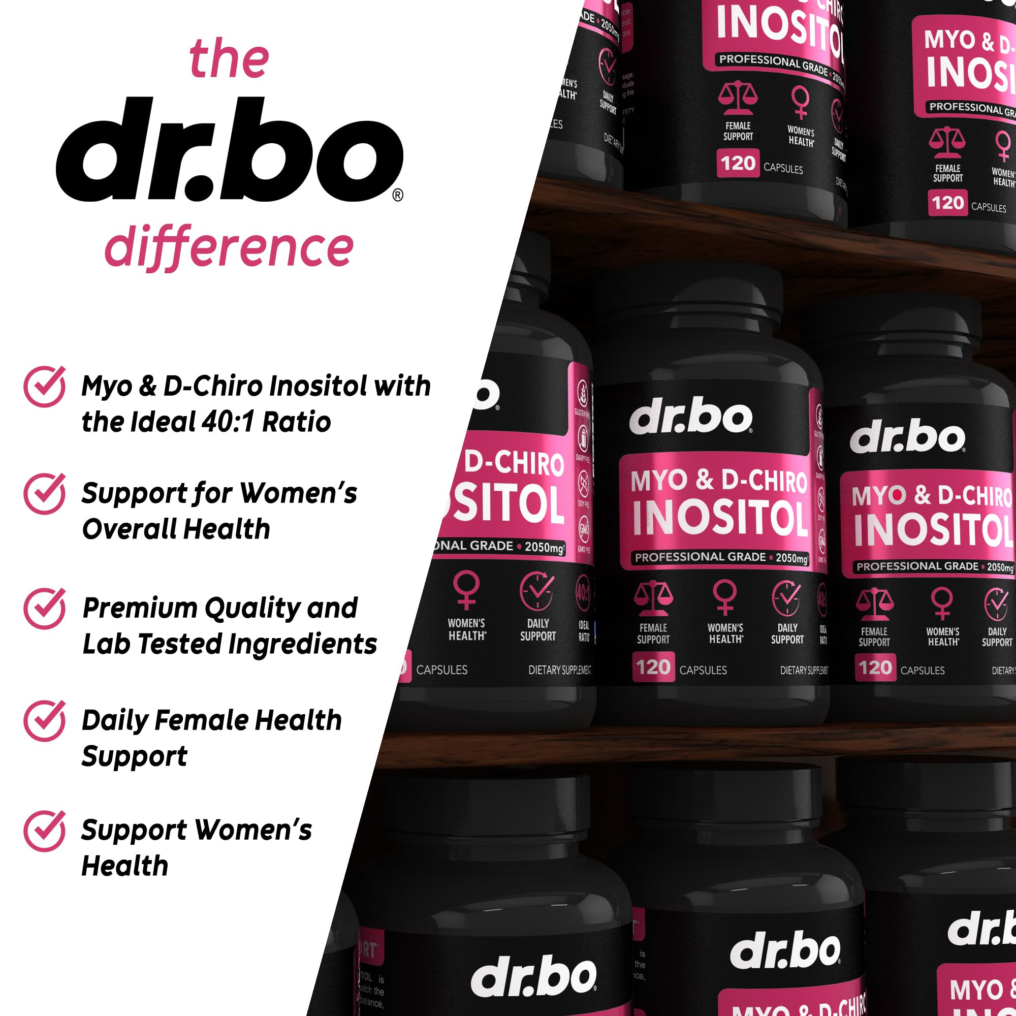DR. BO Myo-Inositol et D-Chiro Inositol – dose quotidienne, caplets faciles à avaler.