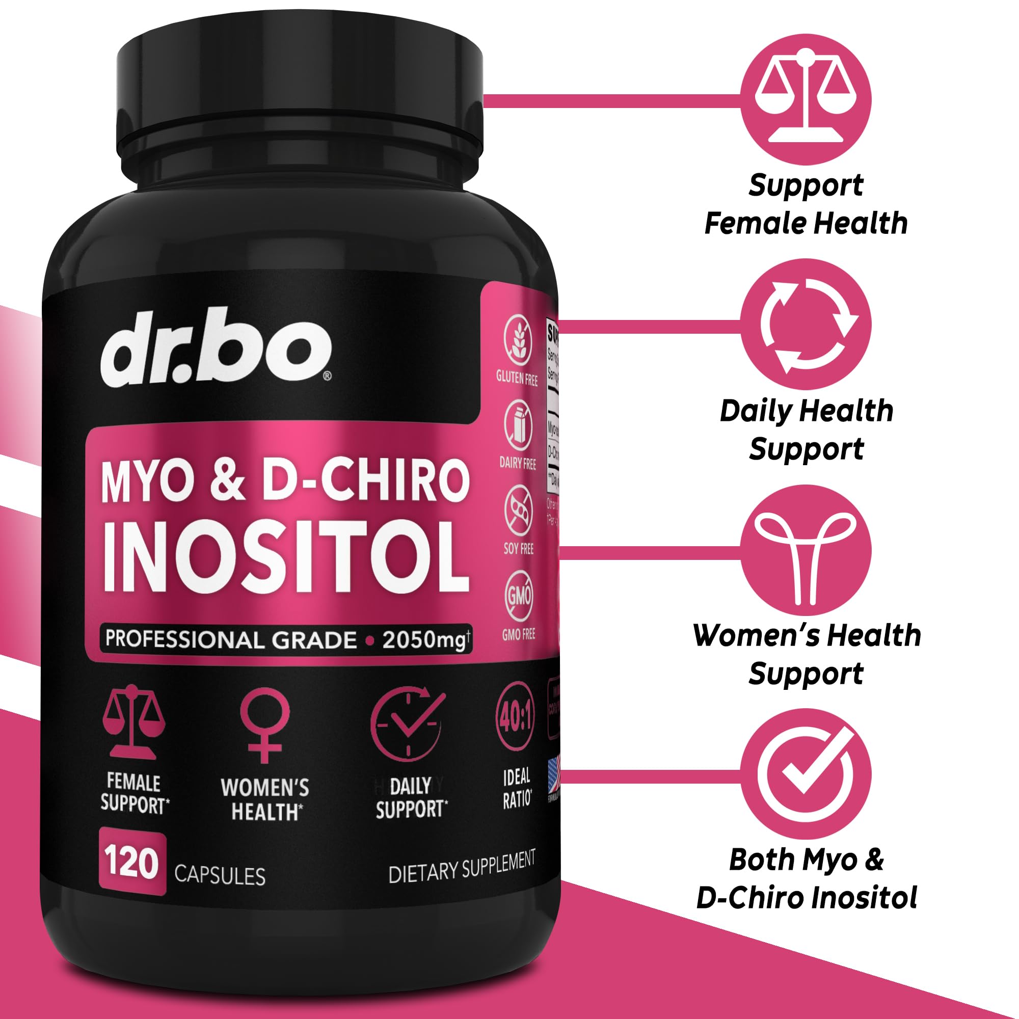 DR. BO Myo-Inositol et D-Chiro Inositol – emballage caplets, facilité d'utilisation au quotidien.