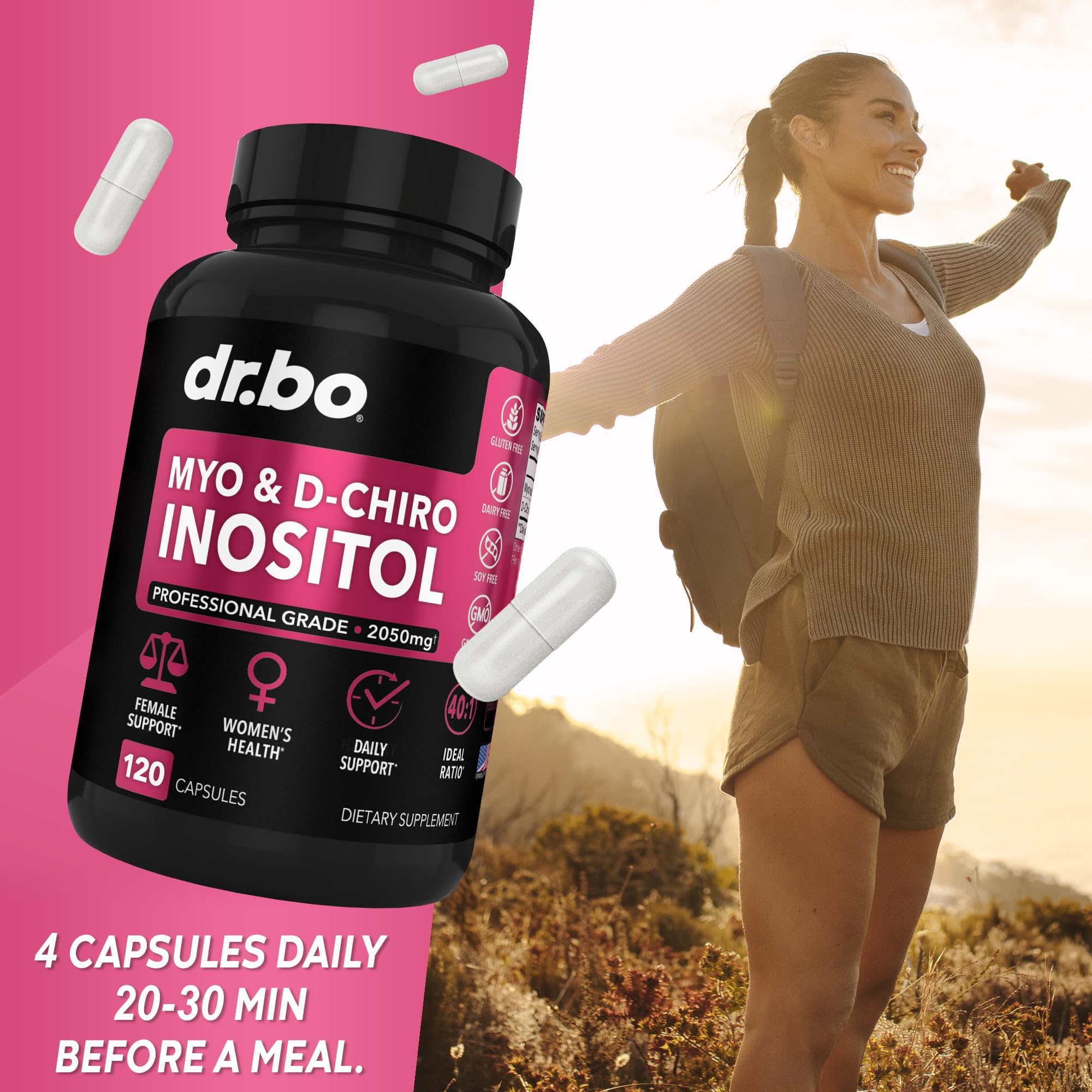 DR. BO Myo-Inositol et D-Chiro Inositol – gros plan caplets, texture douce et agréable.