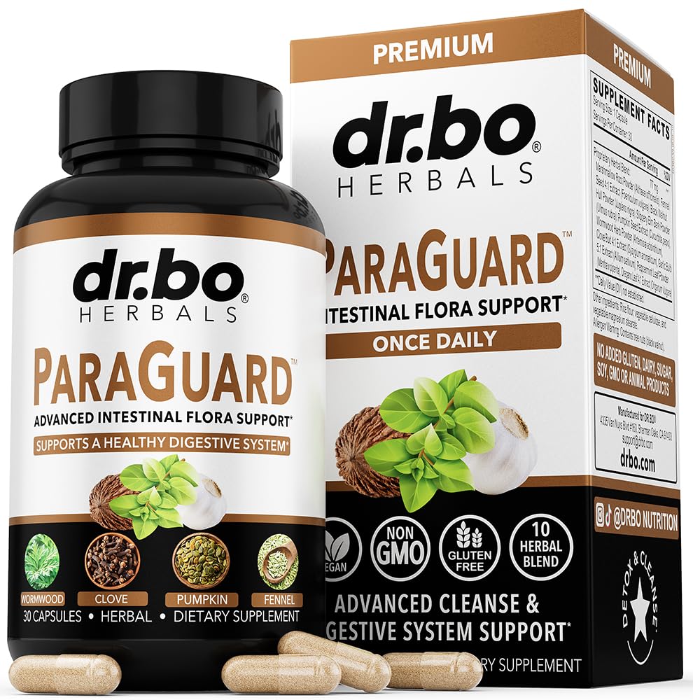 Dr. Bo Paraguard detox capsules sur boîte, soutien potentiel au bien-être intestinal.