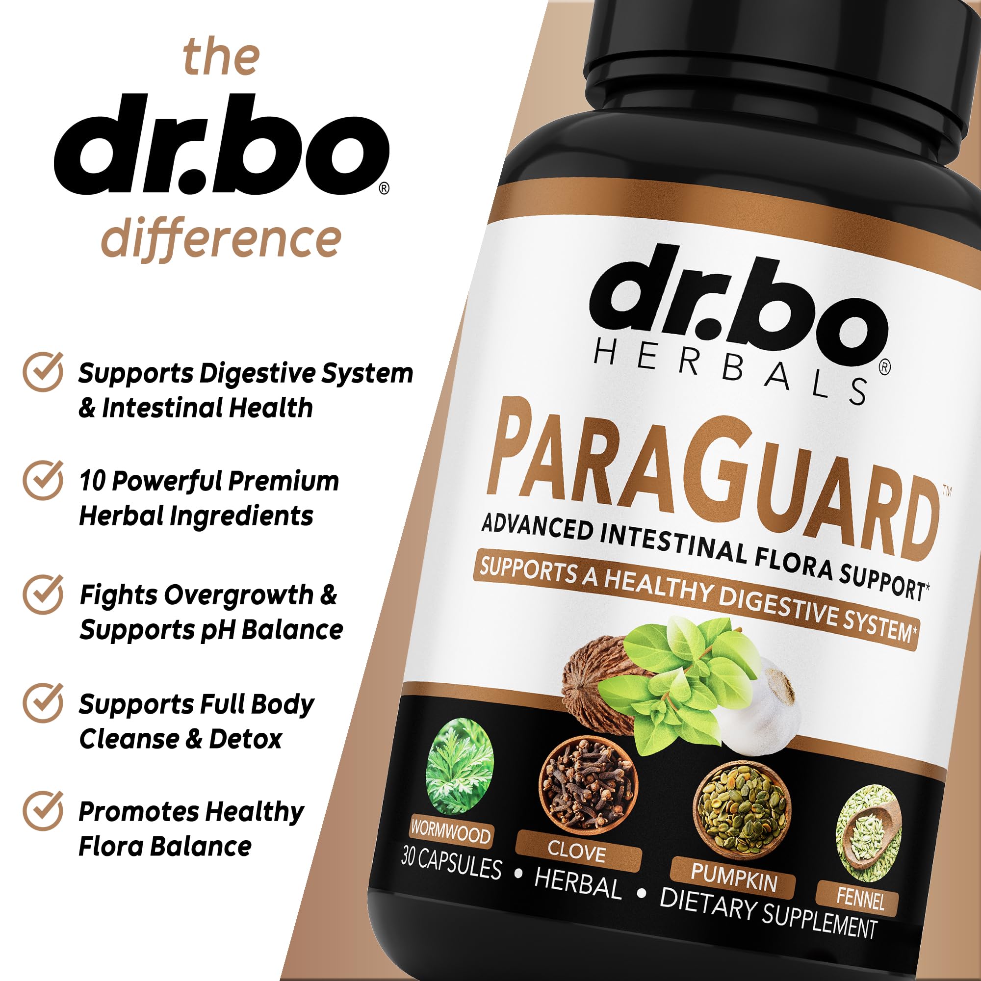 Dr. Bo Paraguard extraits d'herbes fenouil et guimauve, ingrédients naturels.