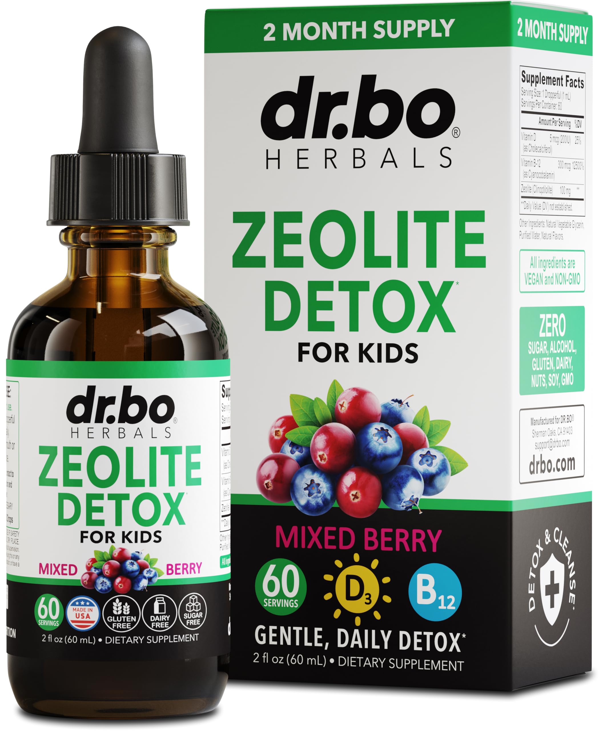 DR. BO Zeolite pour enfants, bouteille visible, détox douce potentielle.