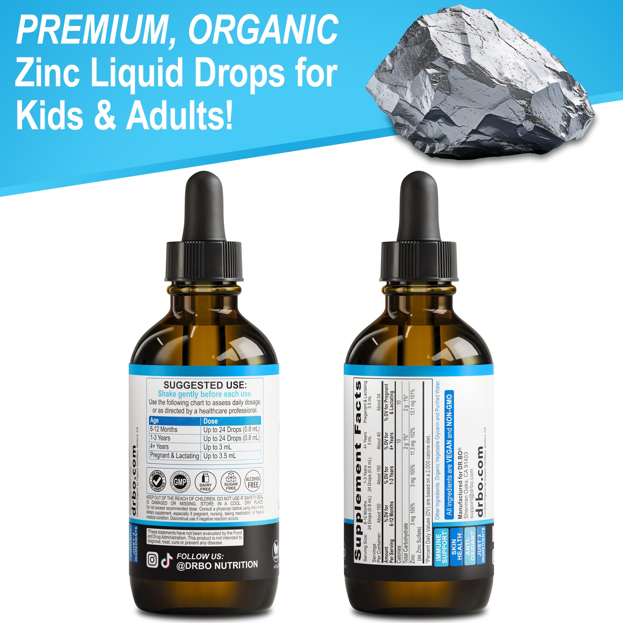 Gouttes DR. BO Zinc, présentation biologique certifiée Organic.