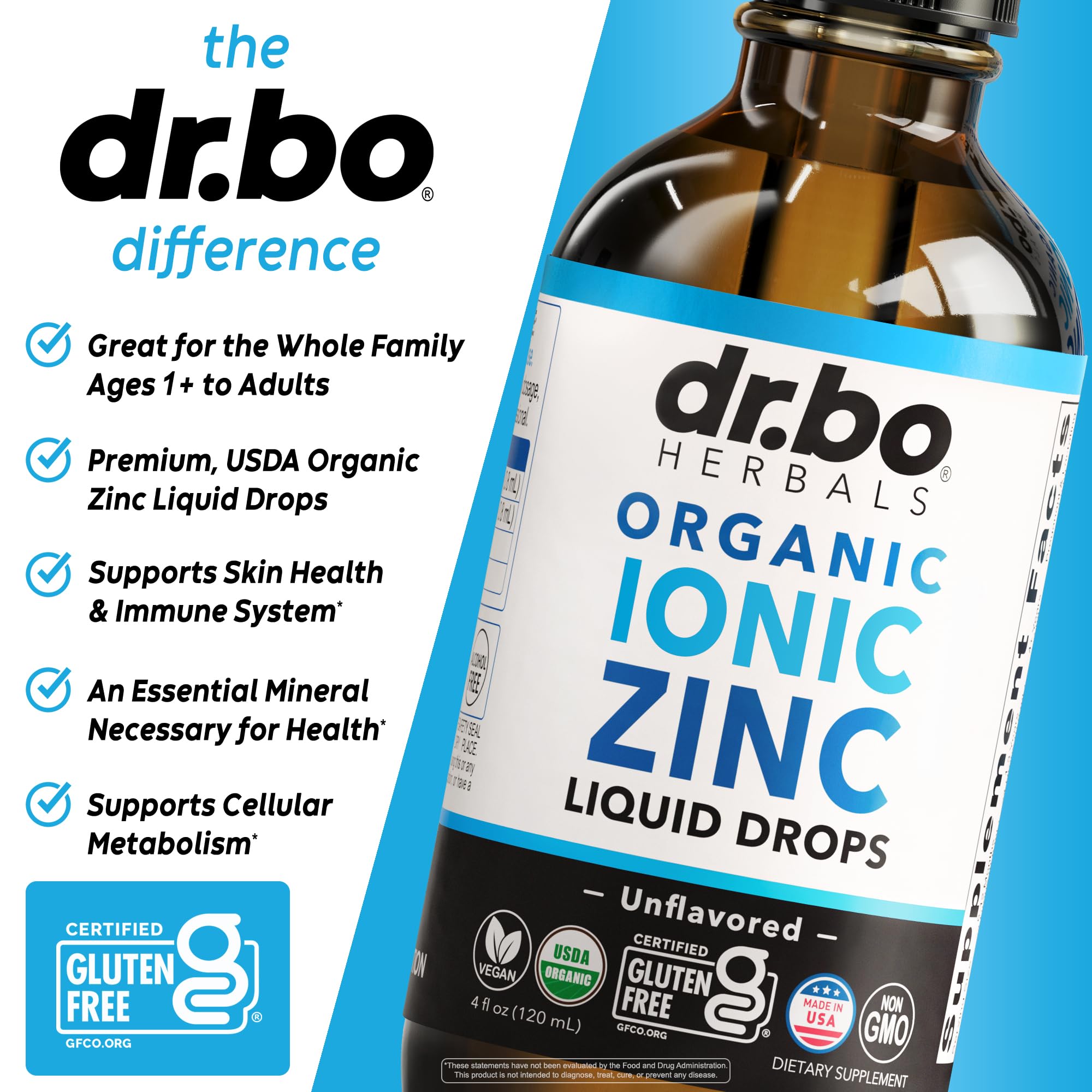 Gouttes DR. BO Zinc organiques certifiées USDA Organic.