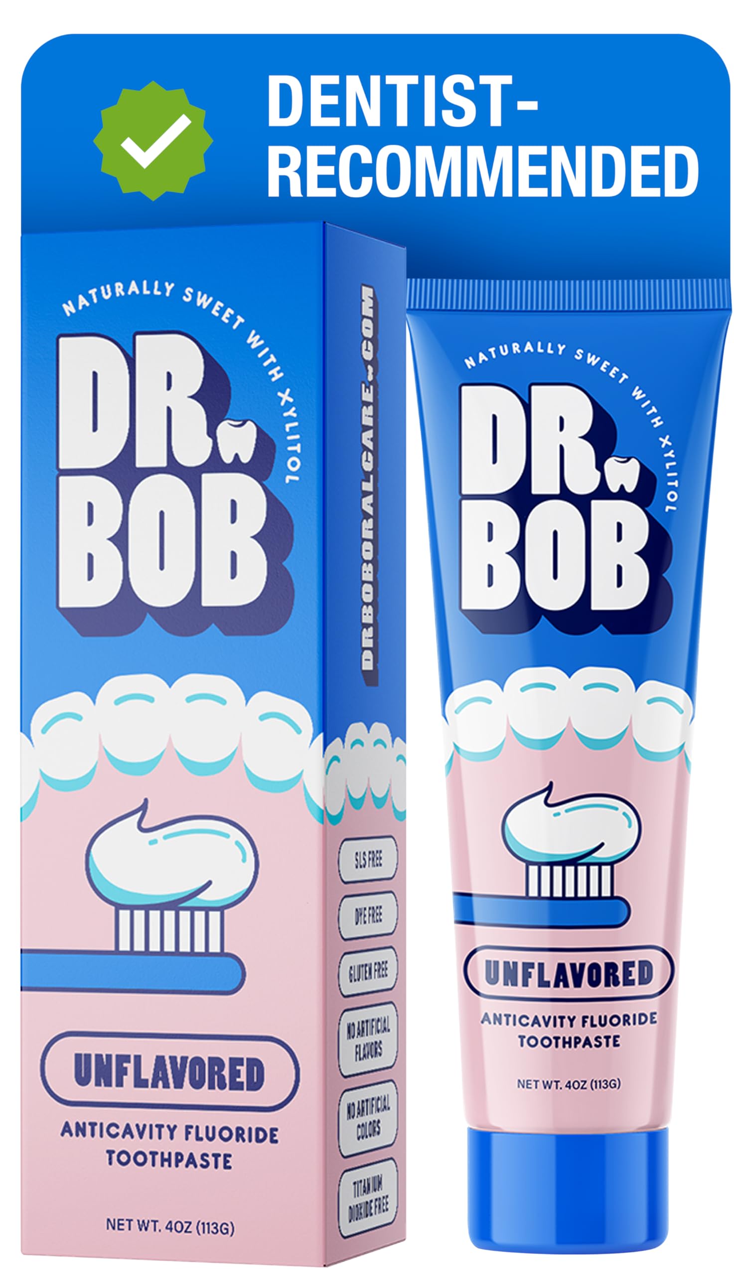 Dr. Bob dentifrice enfant fluorure sans SLS emballage élégant et pratique.