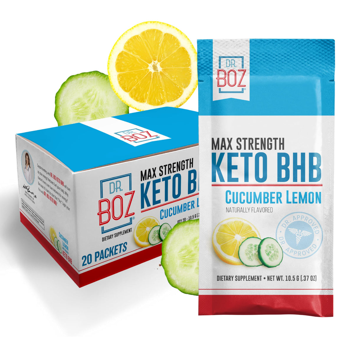 Boîte Dr. Boz Keto BHB Poudre Concombre Citron, énergie soutenue et pratique.