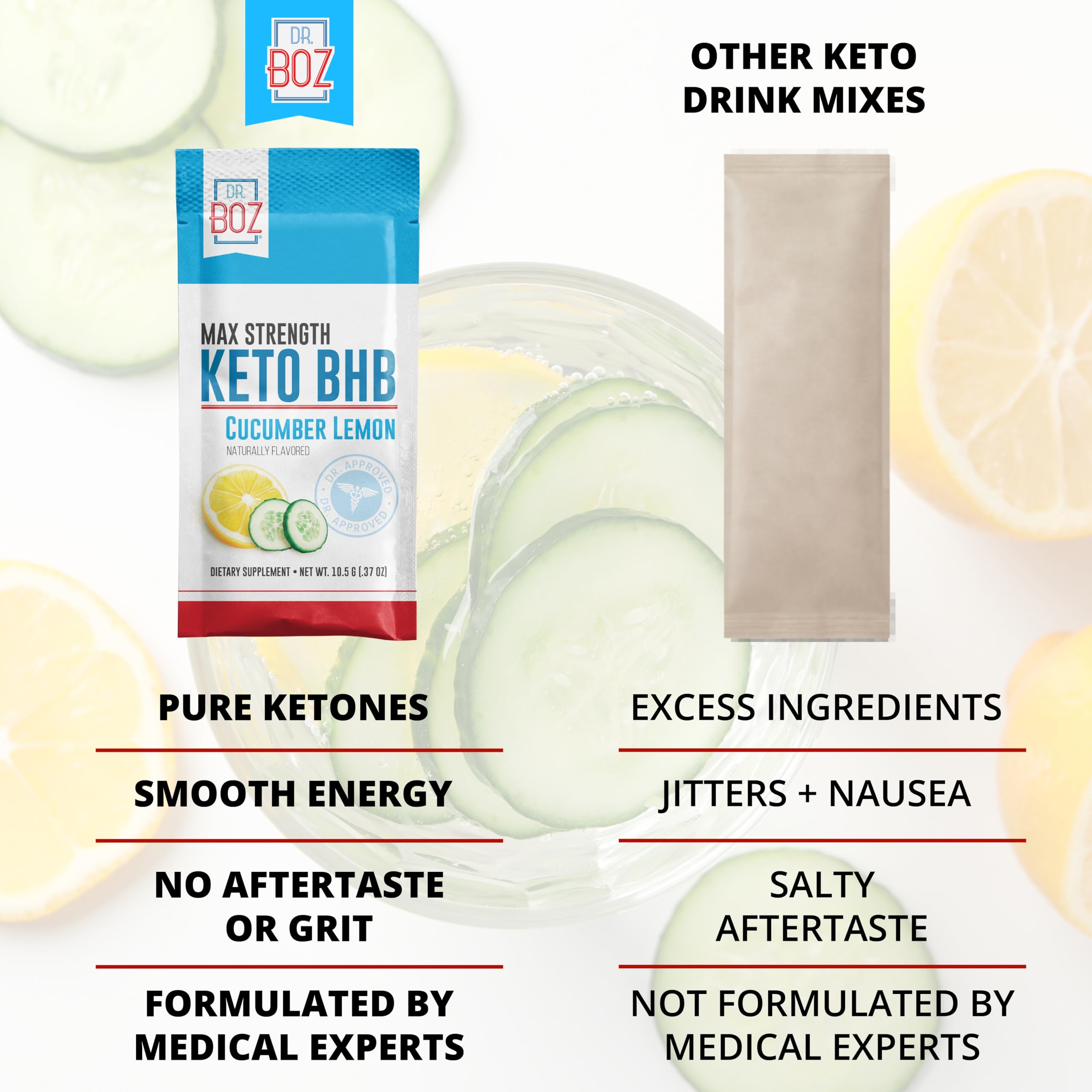 Vue produit Dr. Boz Keto BHB Concombre Citron, formulation de qualité et testée en laboratoire.