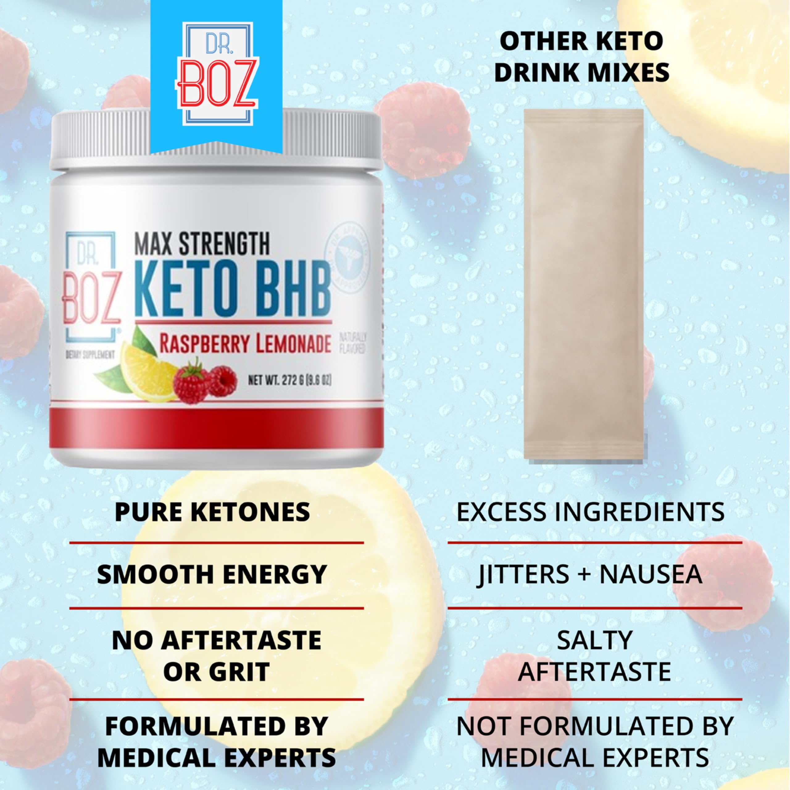 Étiquette fabriqué aux États‑Unis sur l'emballage Dr. Boz Keto BHB.