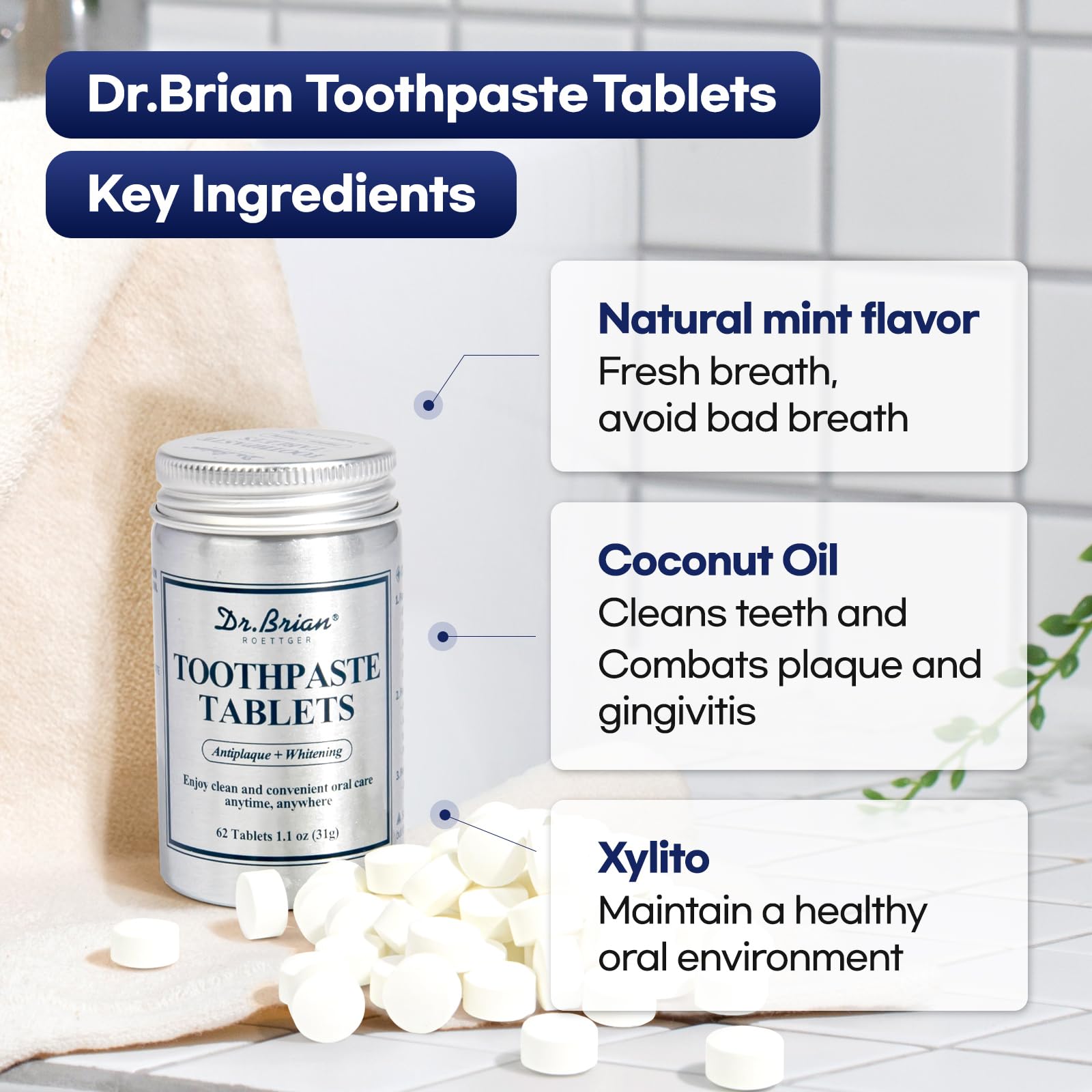 DR.BRIAN ROETTGER tablettes-dentifrice sans fluorure pour une routine douce.