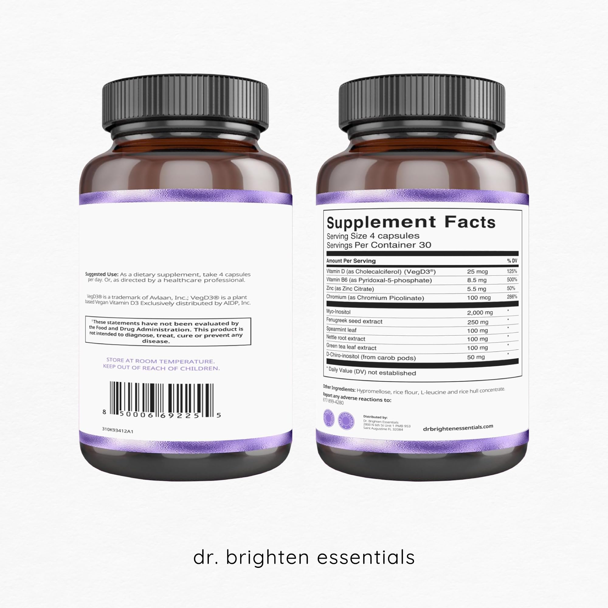 Dr. Brighten Myoinositol Plus - comprimés visibles, soutien potentiel de l'équilibre hormonal.
