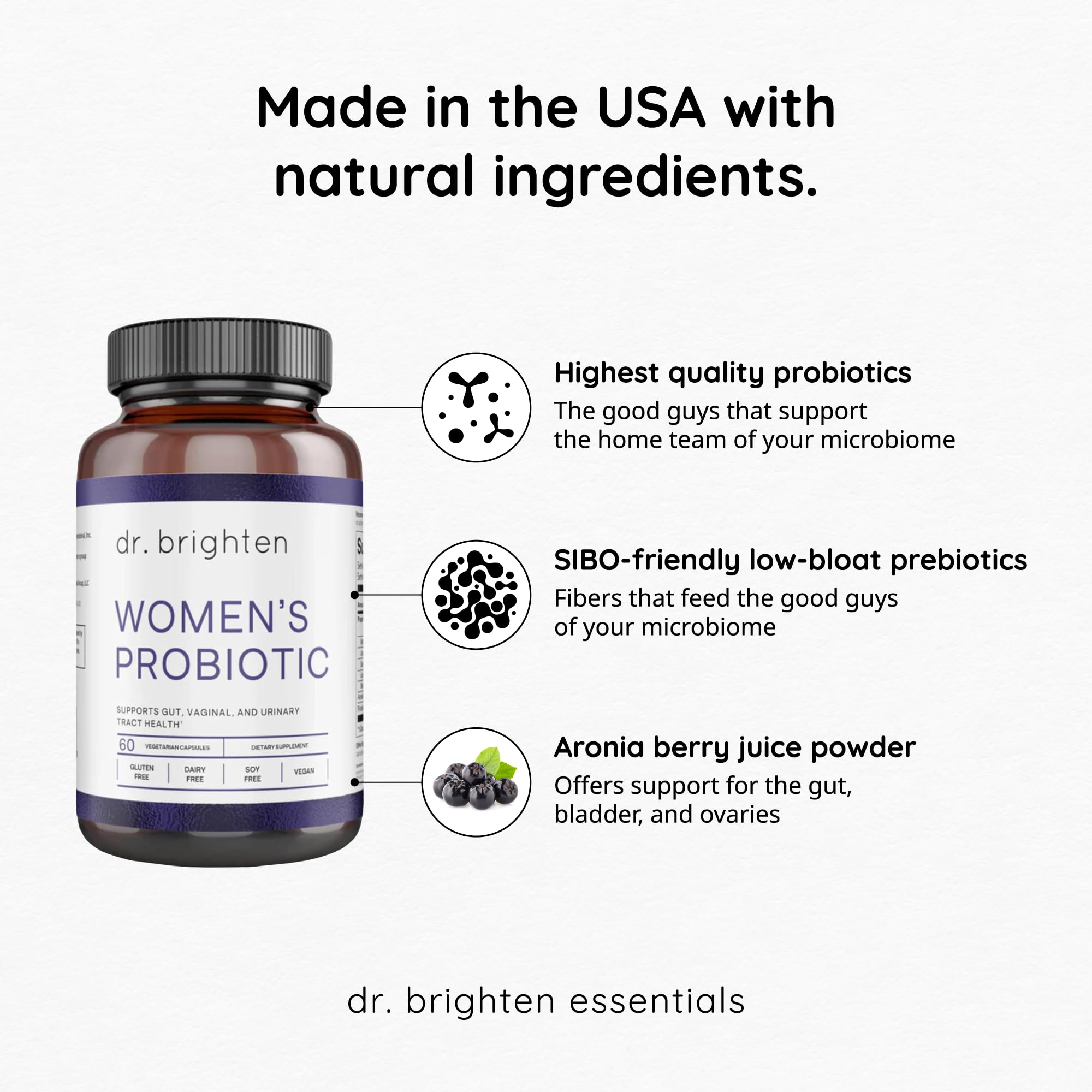 Dr. Brighten Prébiotiques et antioxydants, flacon, soutient les défenses et la vitalité.