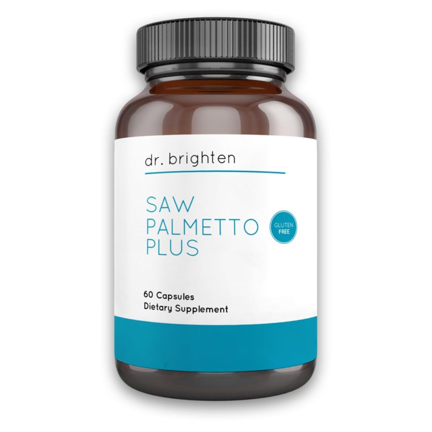 Dr. Brighten Saw Palmetto Plus arbre visuel: bouteille et emballage indiquant un soutien possible pour cheveux et peau.