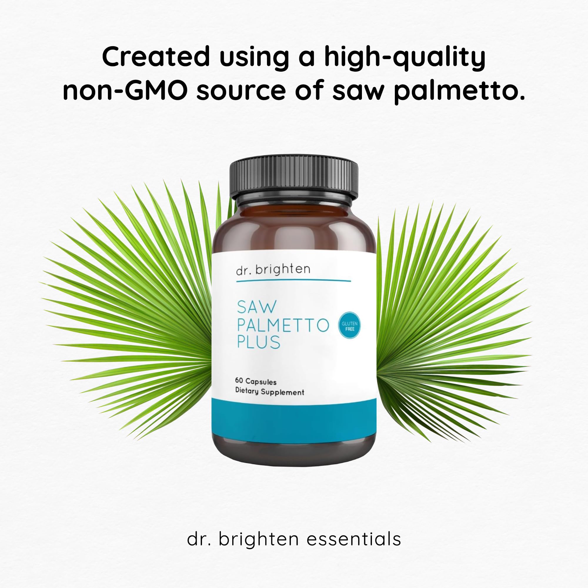 Capsules dans une boîte Dr. Brighten Saw Palmetto Plus, présentation simple et pratique.