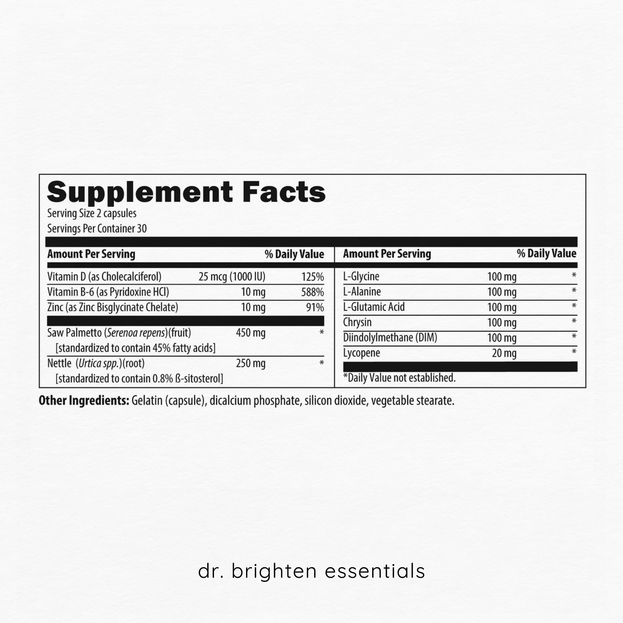 Capsules visibles de Dr. Brighten Saw Palmetto Plus, potentielle régulation des huiles et de l'acné.