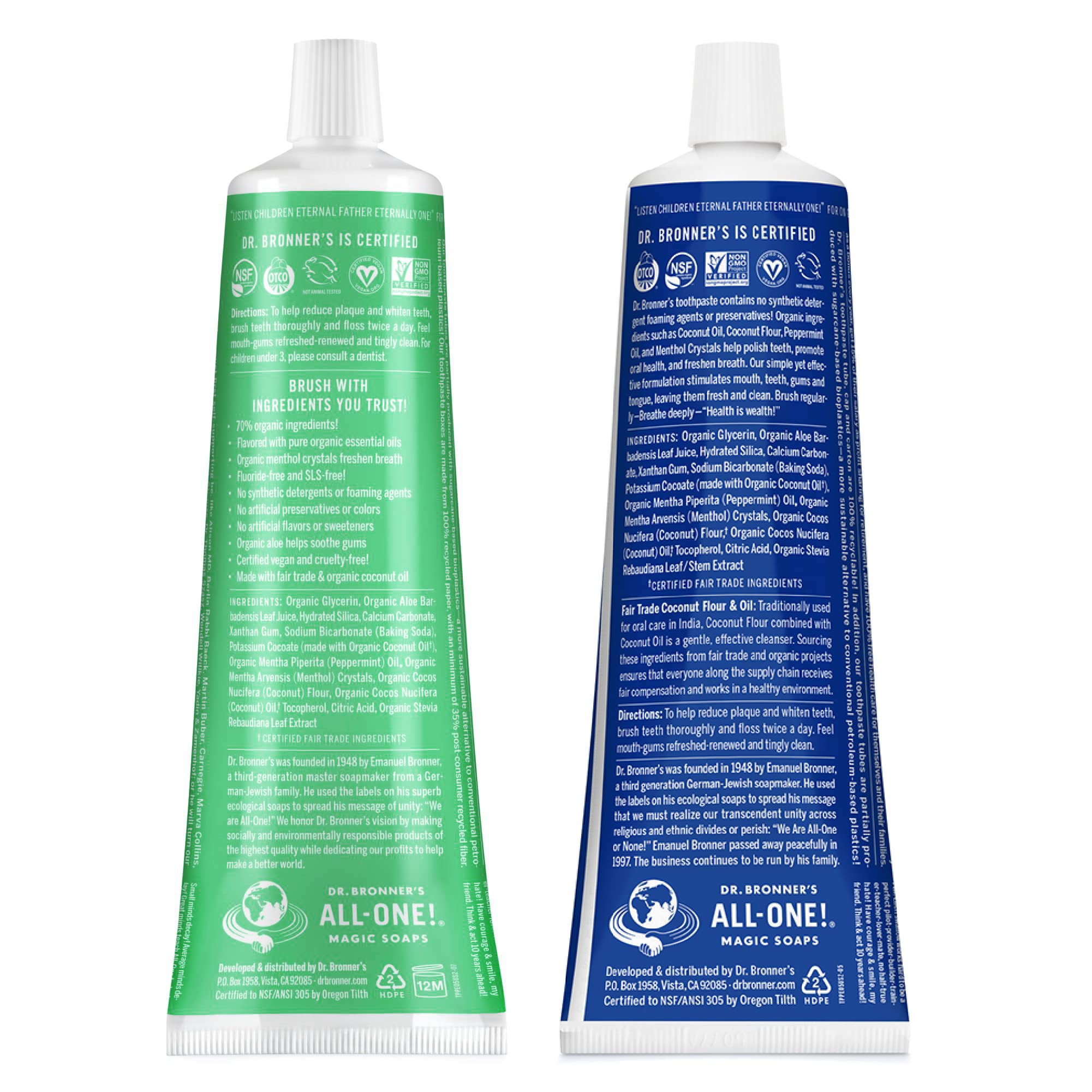 Dentifrice Dr. Bronner's All-One menthe verte dans un flacon, arôme frais.