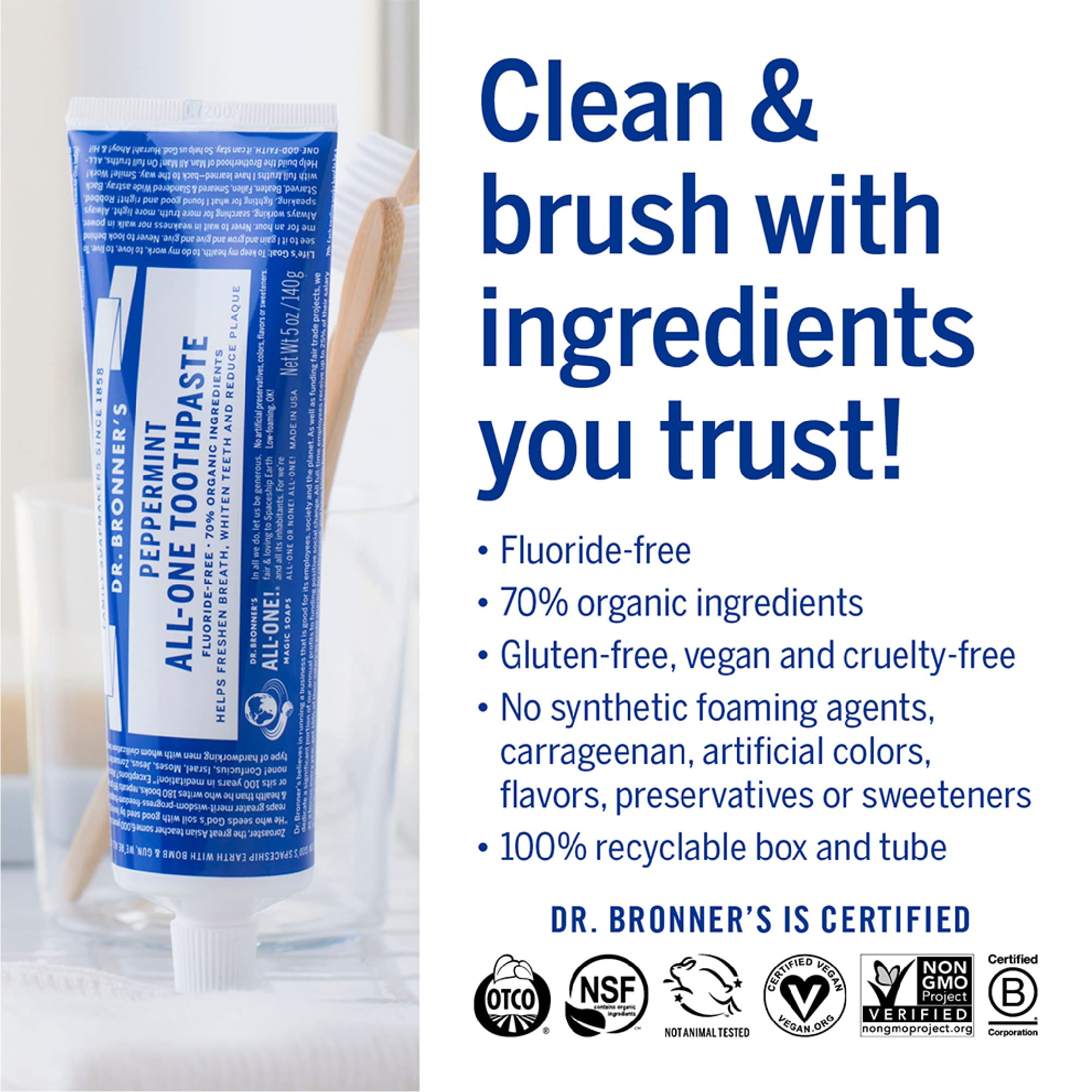 Dentifrice sans fluorure Dr. Bronner's All-One, option végane et naturelle.