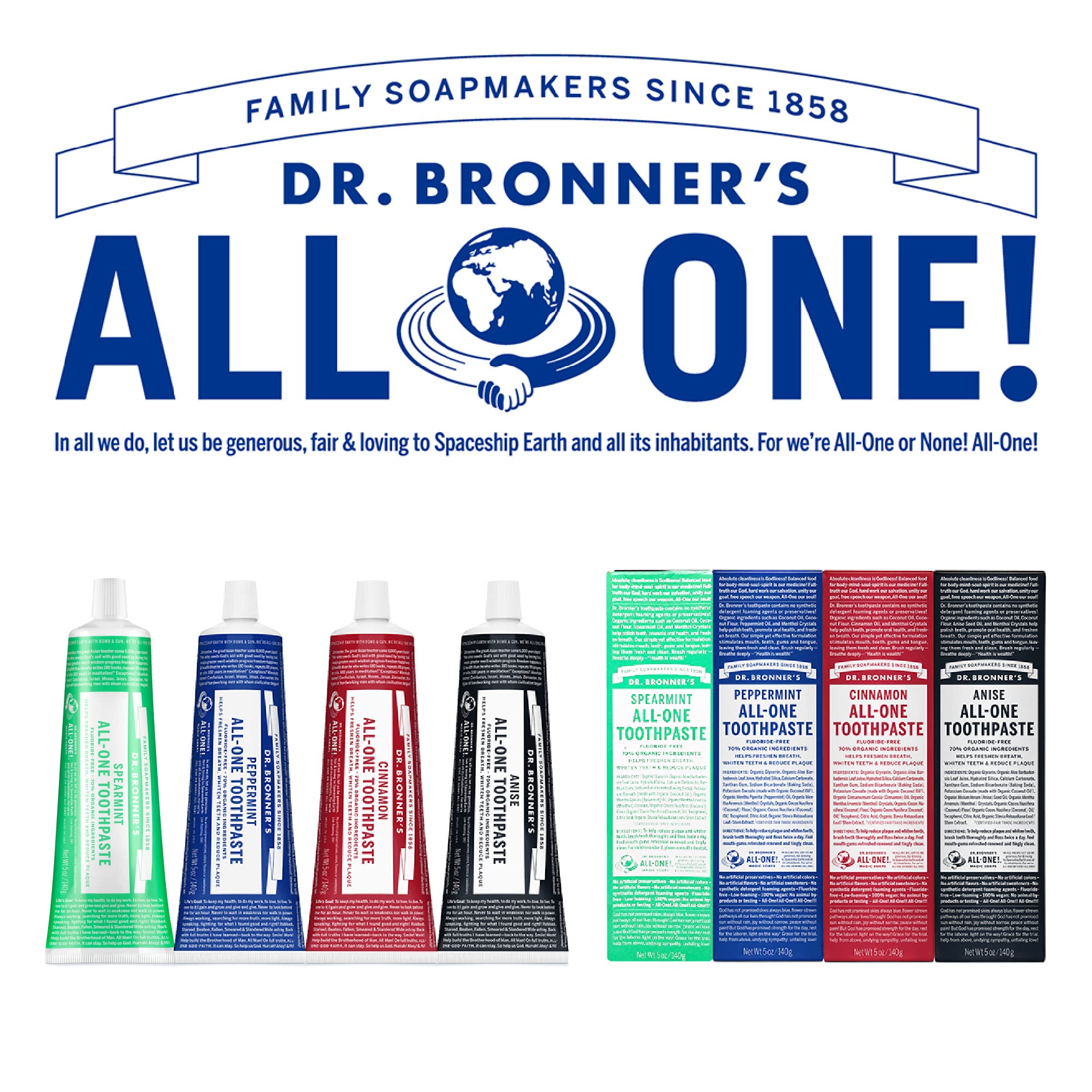Formule végane et non testee sur animaux All-One, Dr. Bronner's dentifrice.