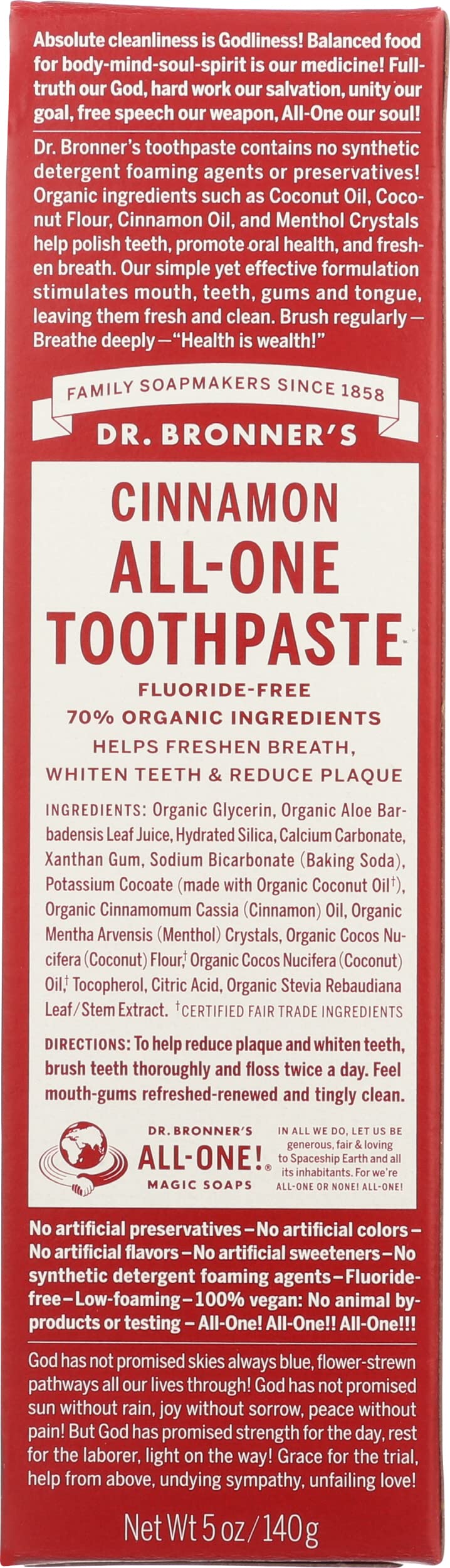 Dentifrice Dr. Bronner's Cannelle pour un brossage rafraîchissant et naturel.