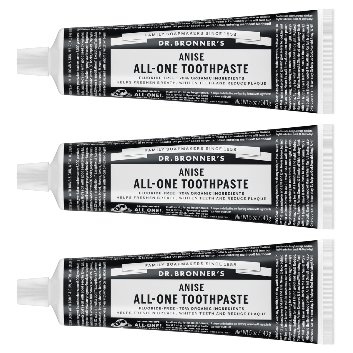 Dentifrice Dr. Bronner's All-One anis – haleine fraîche après le brossage.