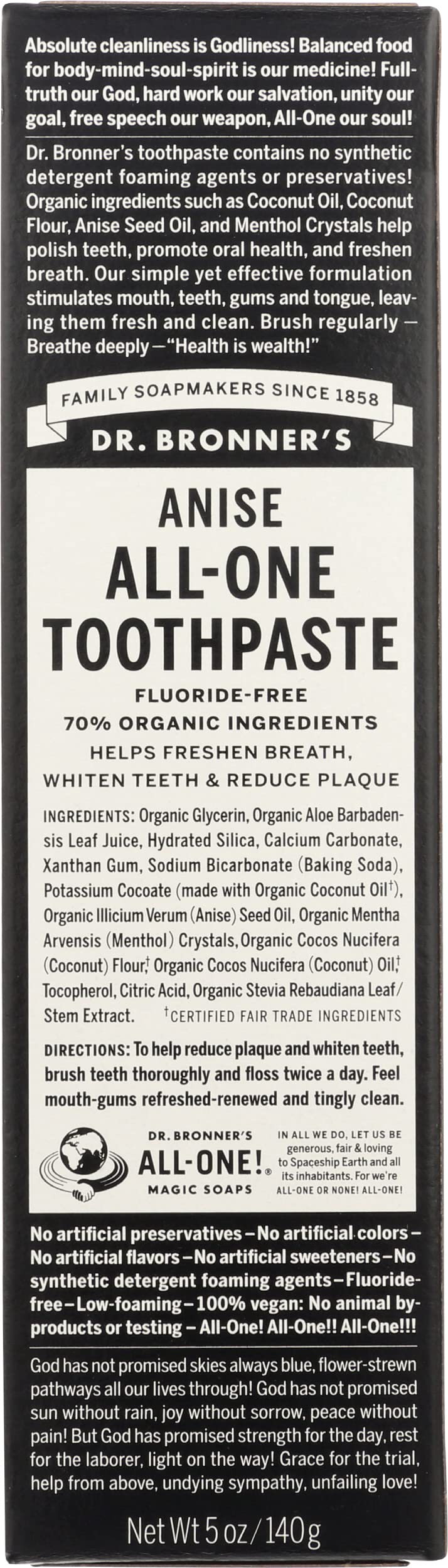 Dentifrice Dr. Bronner's All-One à l’anis, fraîcheur naturelle pour le brossage quotidien.