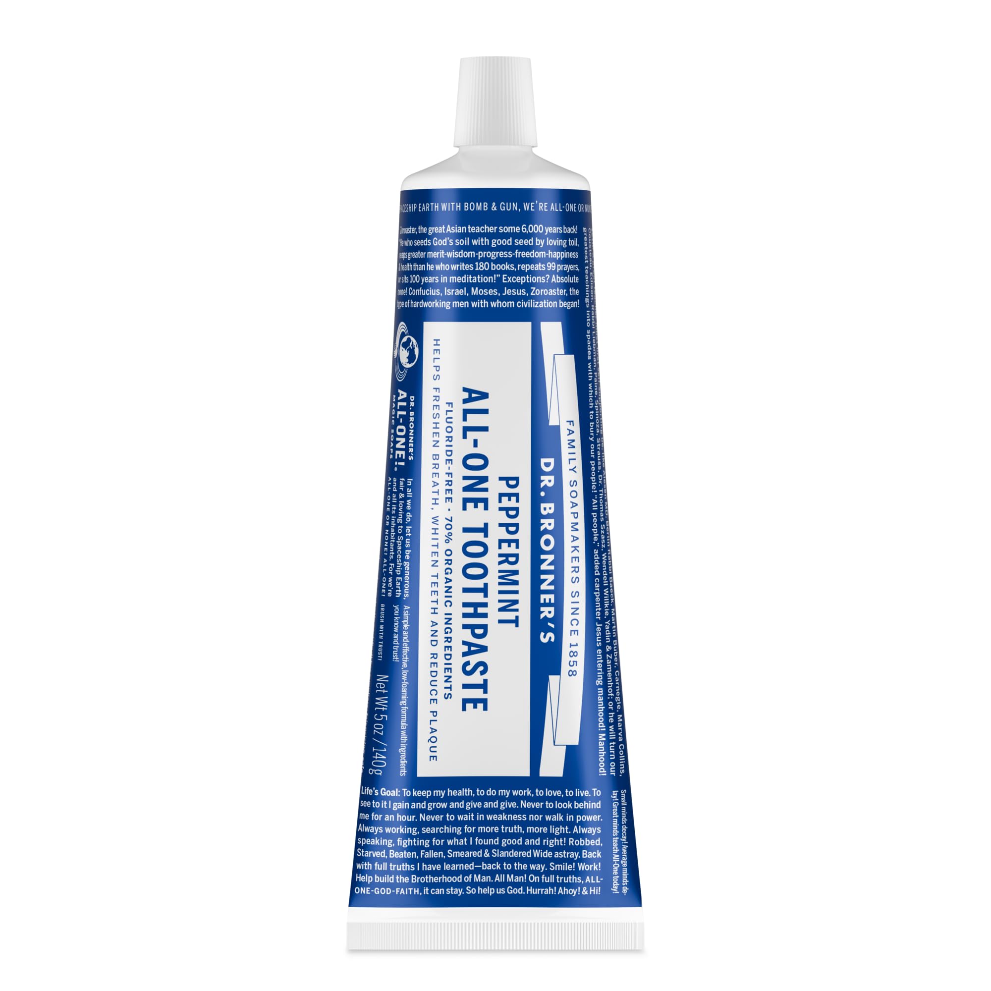 Dentifrice Dr. Bronner’s All-One Menthe dans sa bouteille, haleine fraîche au quotidien.